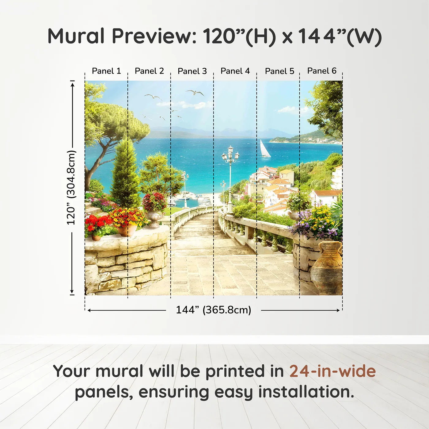 Whimsy Tots Mediterranean Steps Wall Muraldimension view (120" H x 144" W). Printed in six 24-inch-wide panels. Gender-Neutral