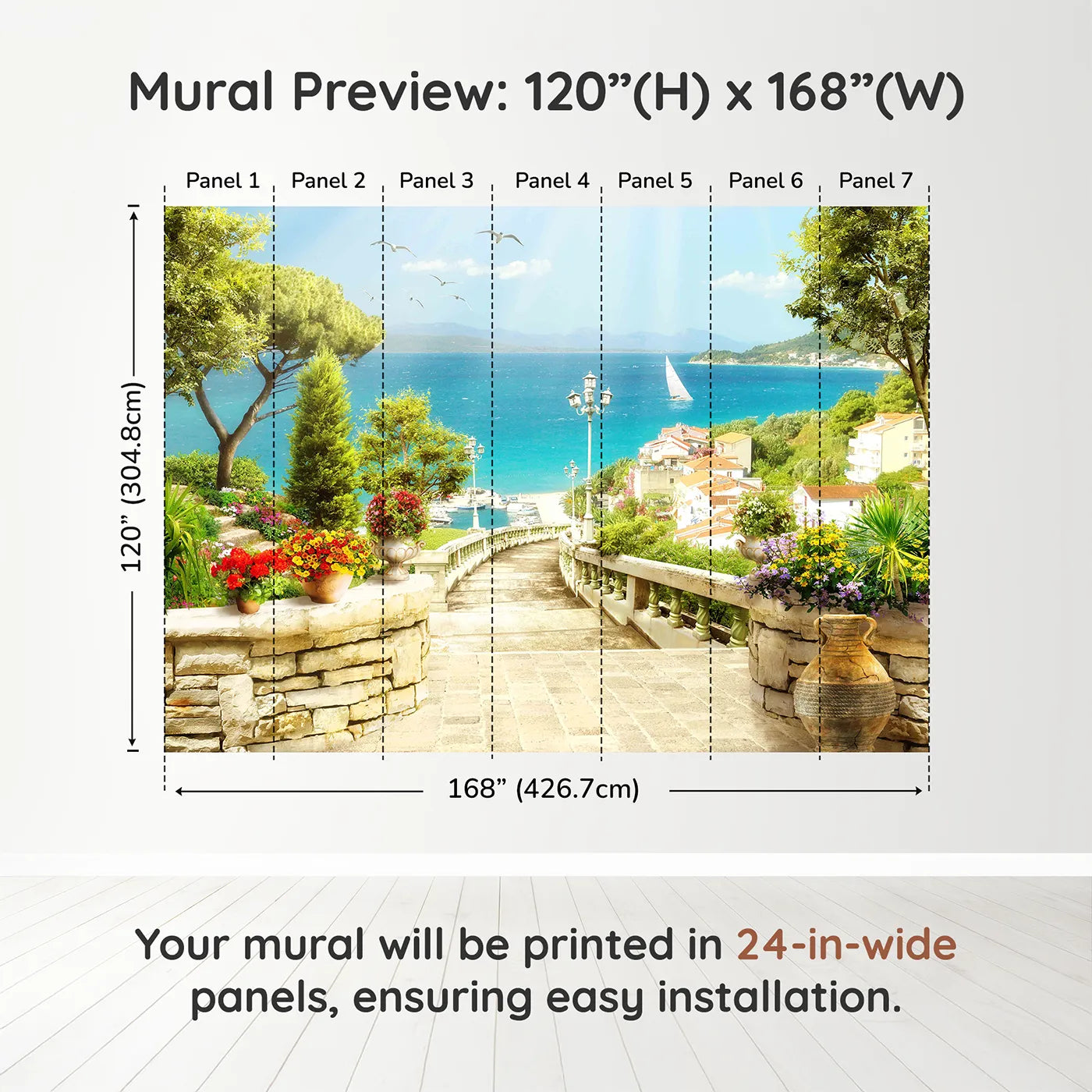 Whimsy Tots Mediterranean Steps Wall Muraldimension view (120" H x 168" W). Printed in seven 24-inch-wide panels. Gender-Neutral