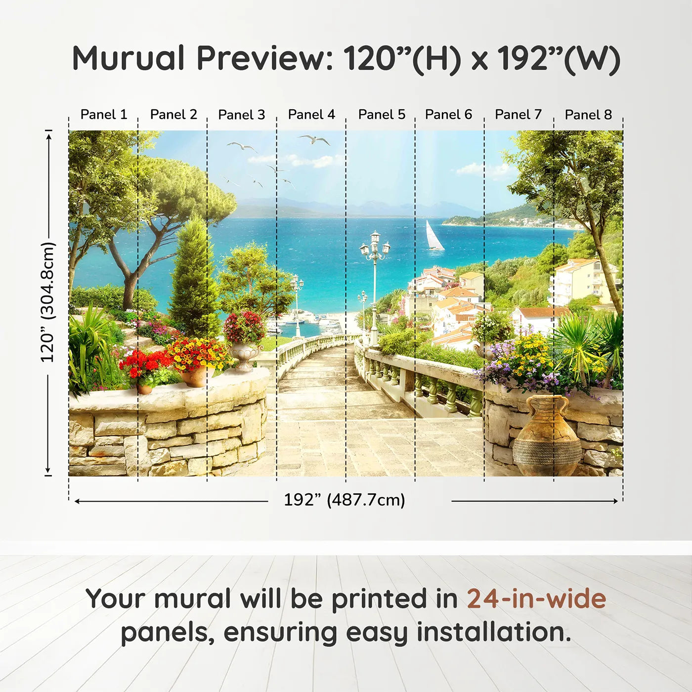 Whimsy Tots Mediterranean Steps Wall Muraldimension view (120" H x 192" W). Printed in eight 24-inch-wide panels. Gender-Neutral