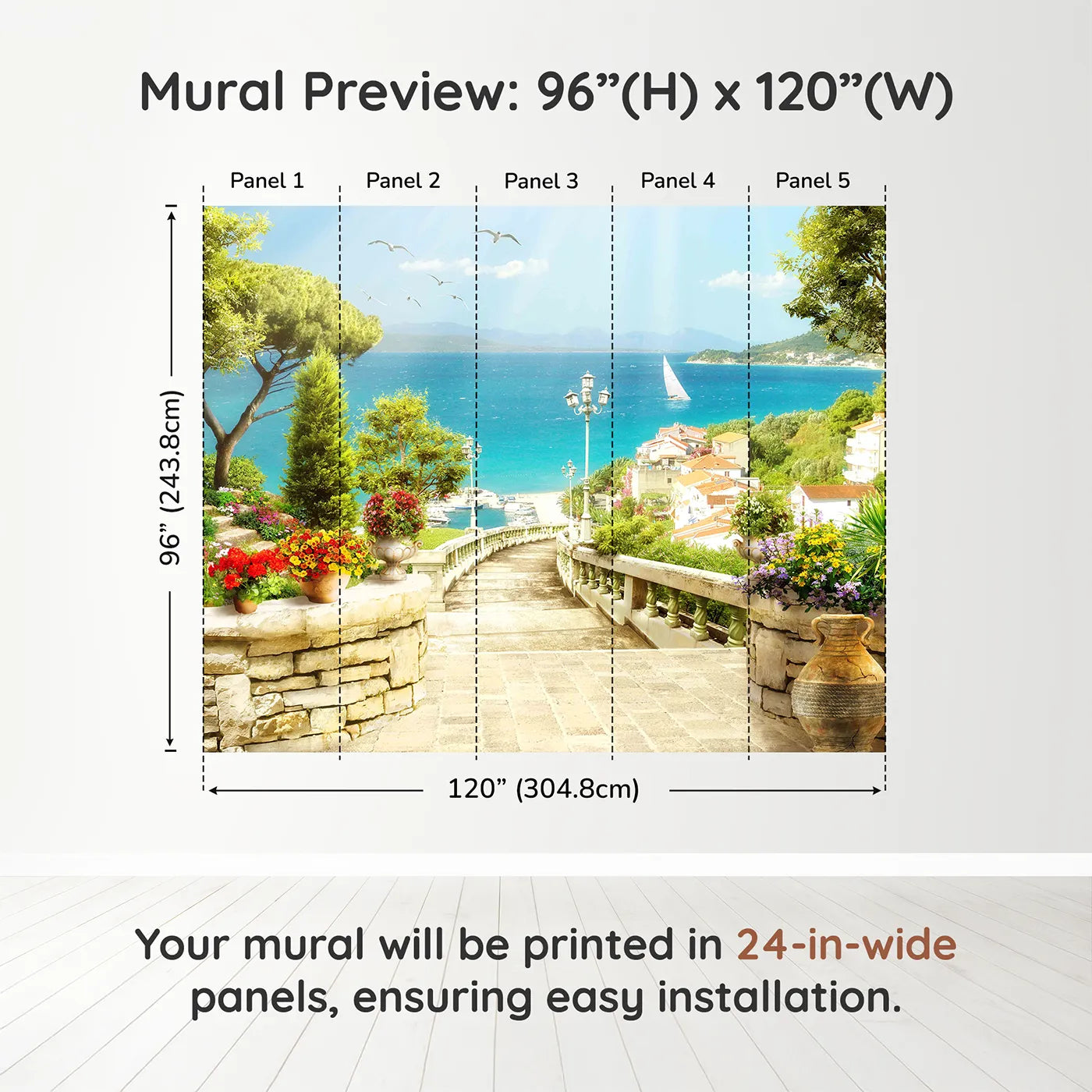 Whimsy Tots Mediterranean Steps Wall Muraldimension view (96" H x 120" W). Printed in five 24-inch-wide panels. Gender-Neutral