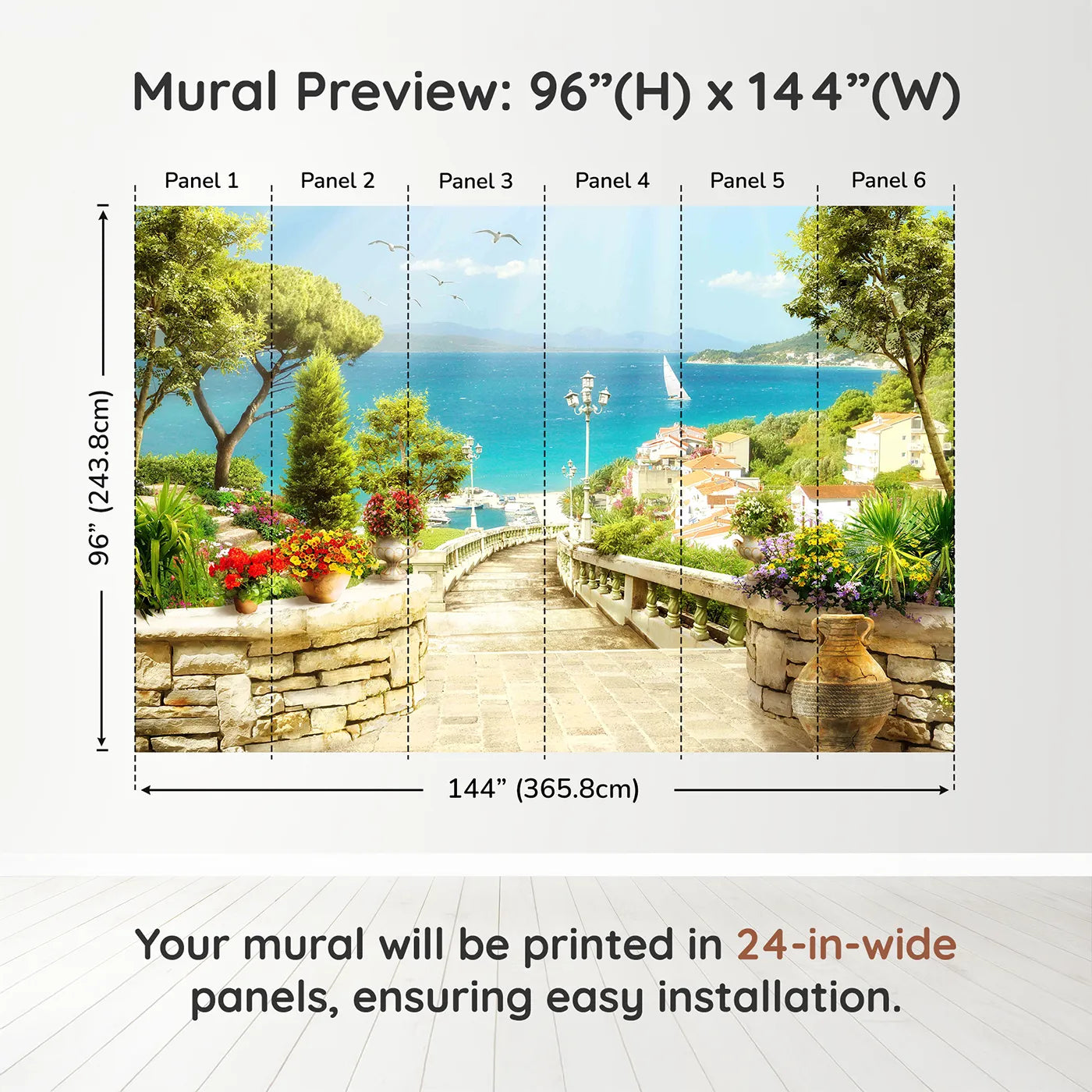 Whimsy Tots Mediterranean Steps Wall Muraldimension view (96" H x 144" W). Printed in six 24-inch-wide panels. Gender-Neutral