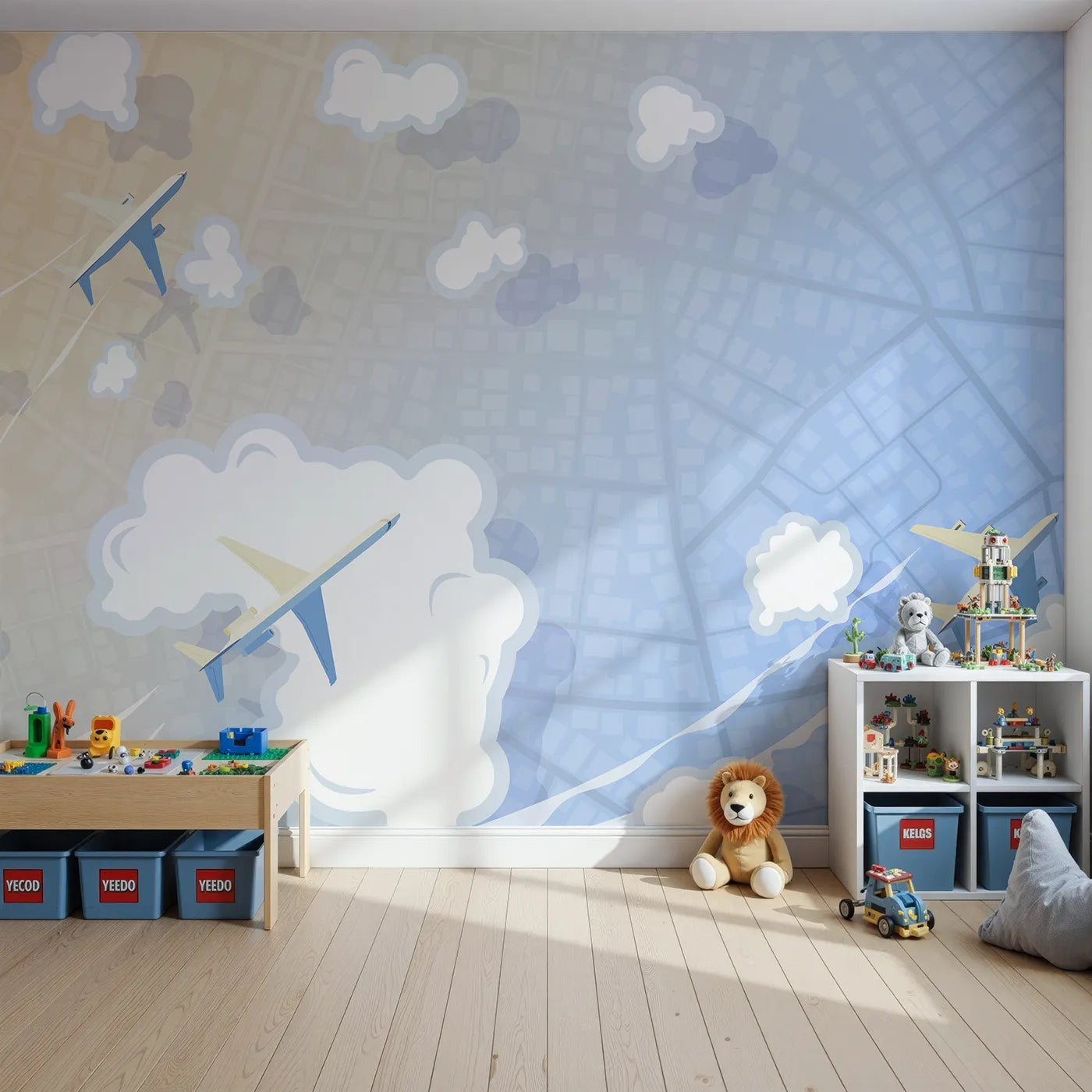 Front view of Whimsy Tots' City Flyover Wall Mural