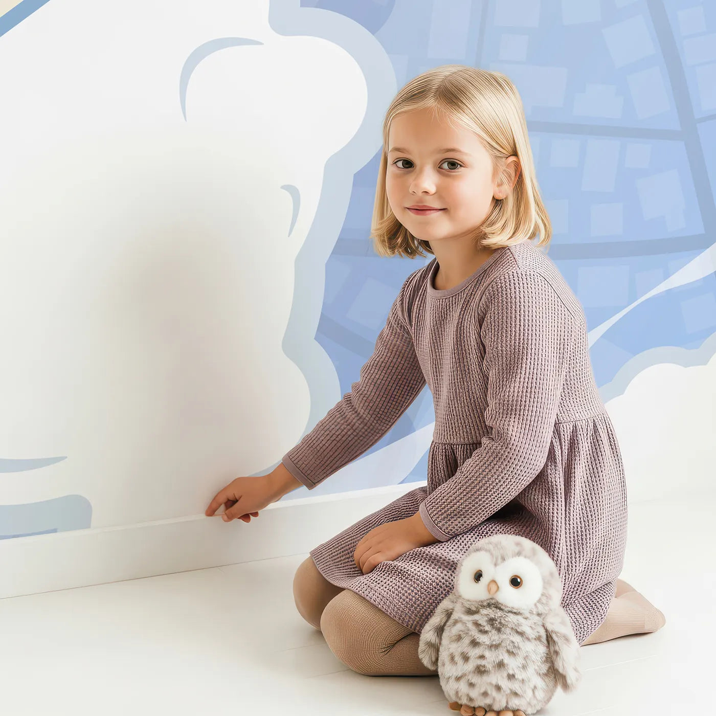 Child in front of Whimsy Tots City Flyover Wall Mural with airplane, city, map, sky, travel, modern, urban, fly in design.