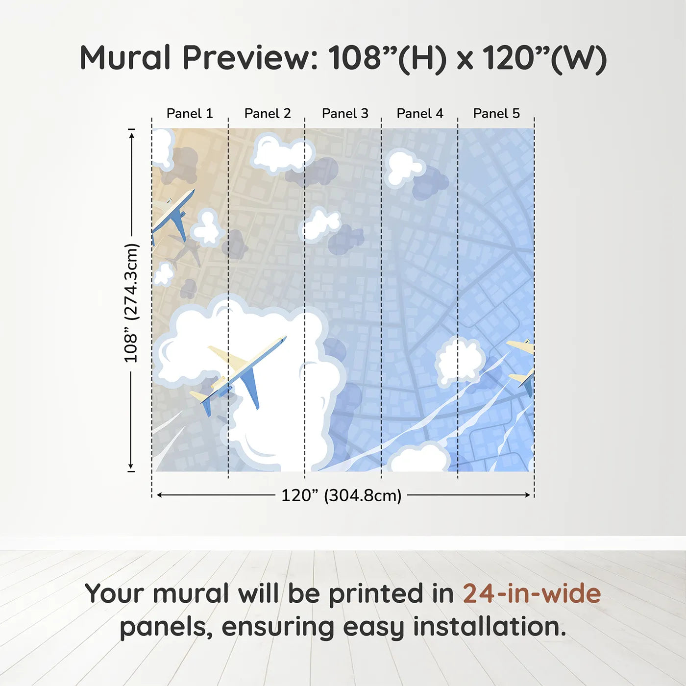 Whimsy Tots City Flyover Wall Muraldimension view (108" H x 120" W). Printed in five 24-inch-wide panels. Gender-Neutral