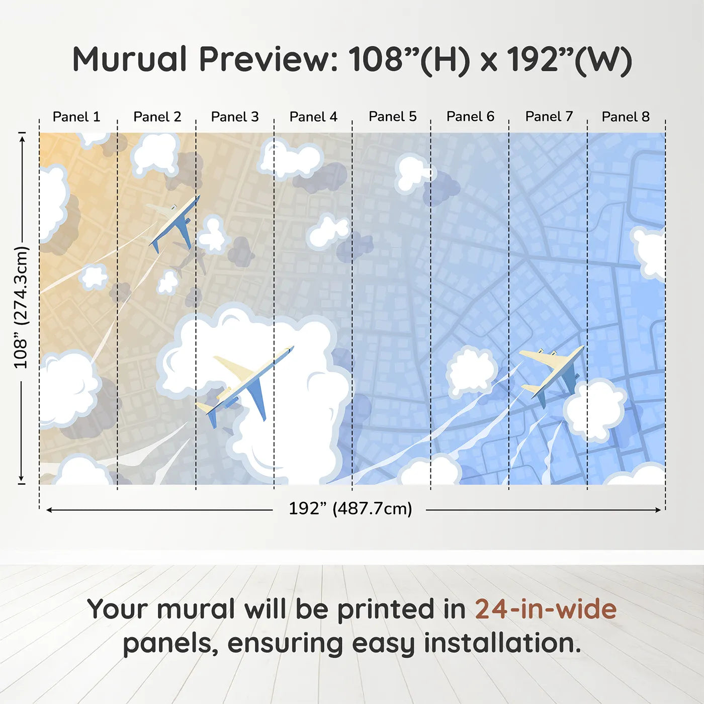 Whimsy Tots City Flyover Wall Muraldimension view (108" H x 192" W). Printed in eight 24-inch-wide panels. Gender-Neutral
