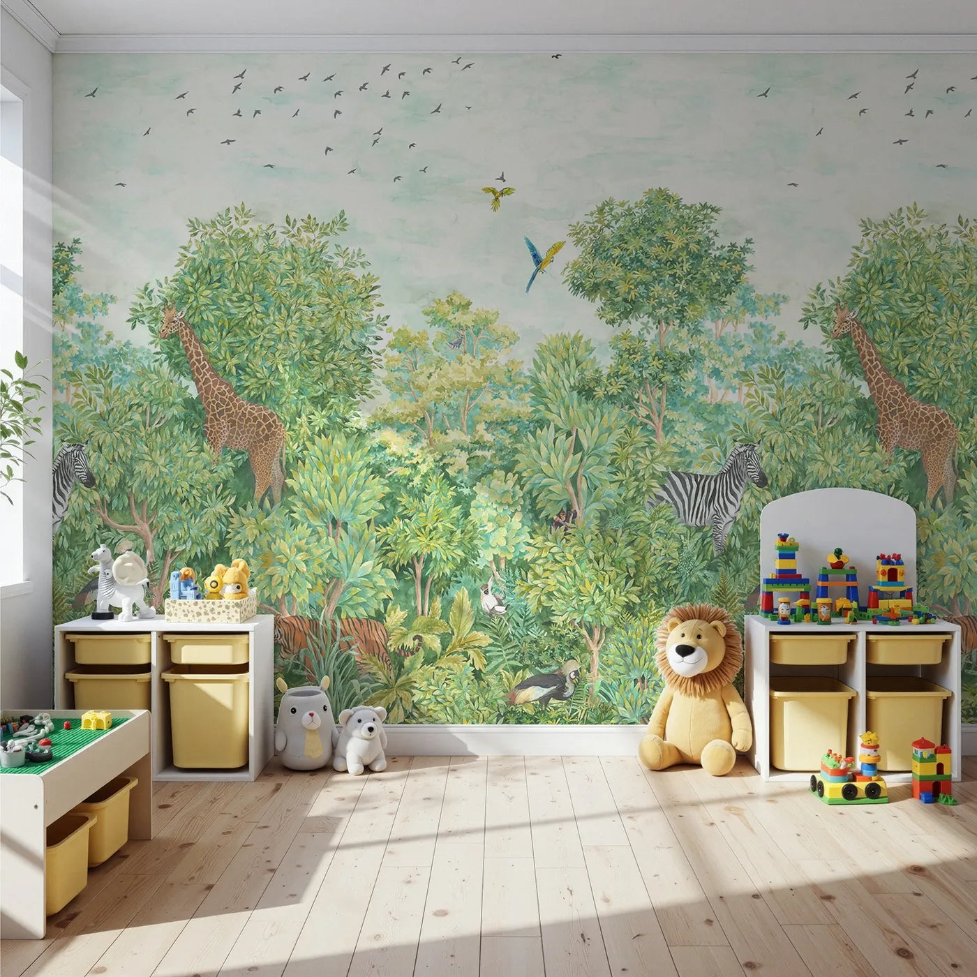 Front view of Whimsy Tots' Lush Jungle Panorama Wall Mural