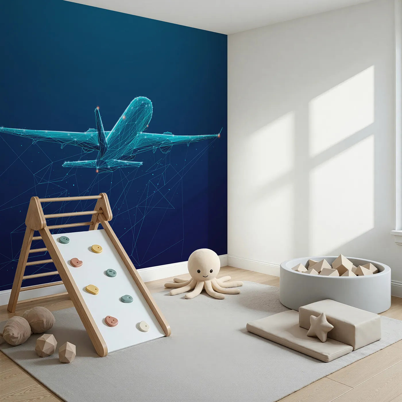 Angled view of Whimsy Tots' Digital Airplane Wall Mural (Turn Their Room into a High-Tech, Futuristic Hangar).Gender-Neutral