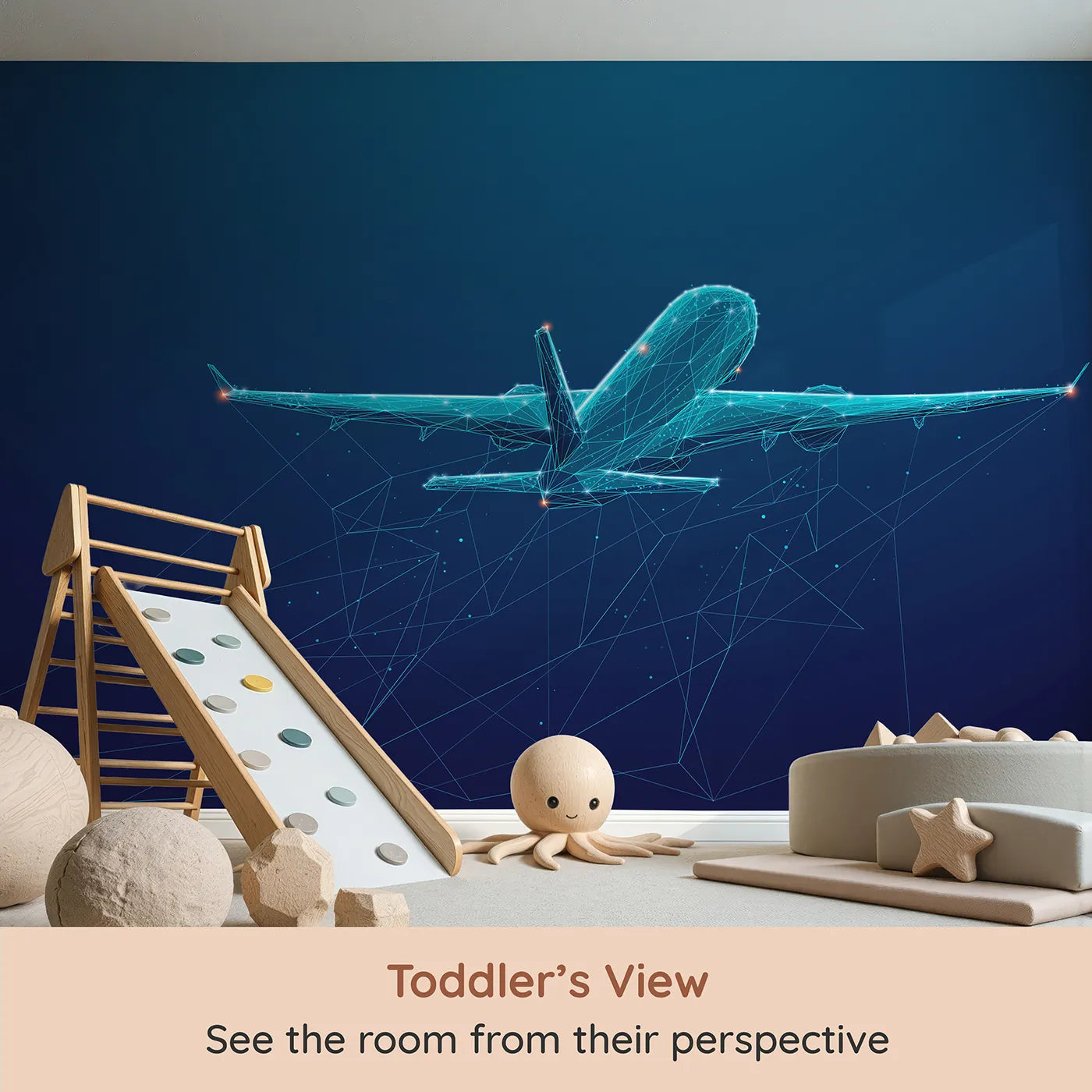 Whimsy Tots Digital Airplane Wall Mural (Turn Their Room into a High-Tech, Futuristic Hangar) from your child's view.Gender-Neutral
