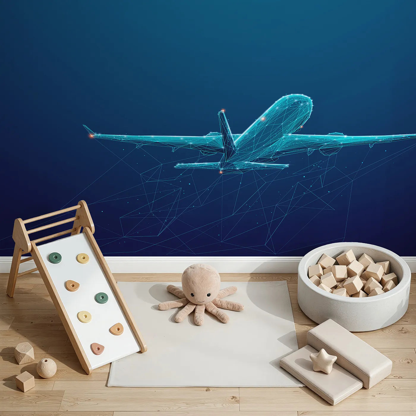 Top-down view of Whimsy Tots' Digital Airplane Wall Mural (Turn Their Room into a High-Tech, Futuristic Hangar).Gender-Neutral