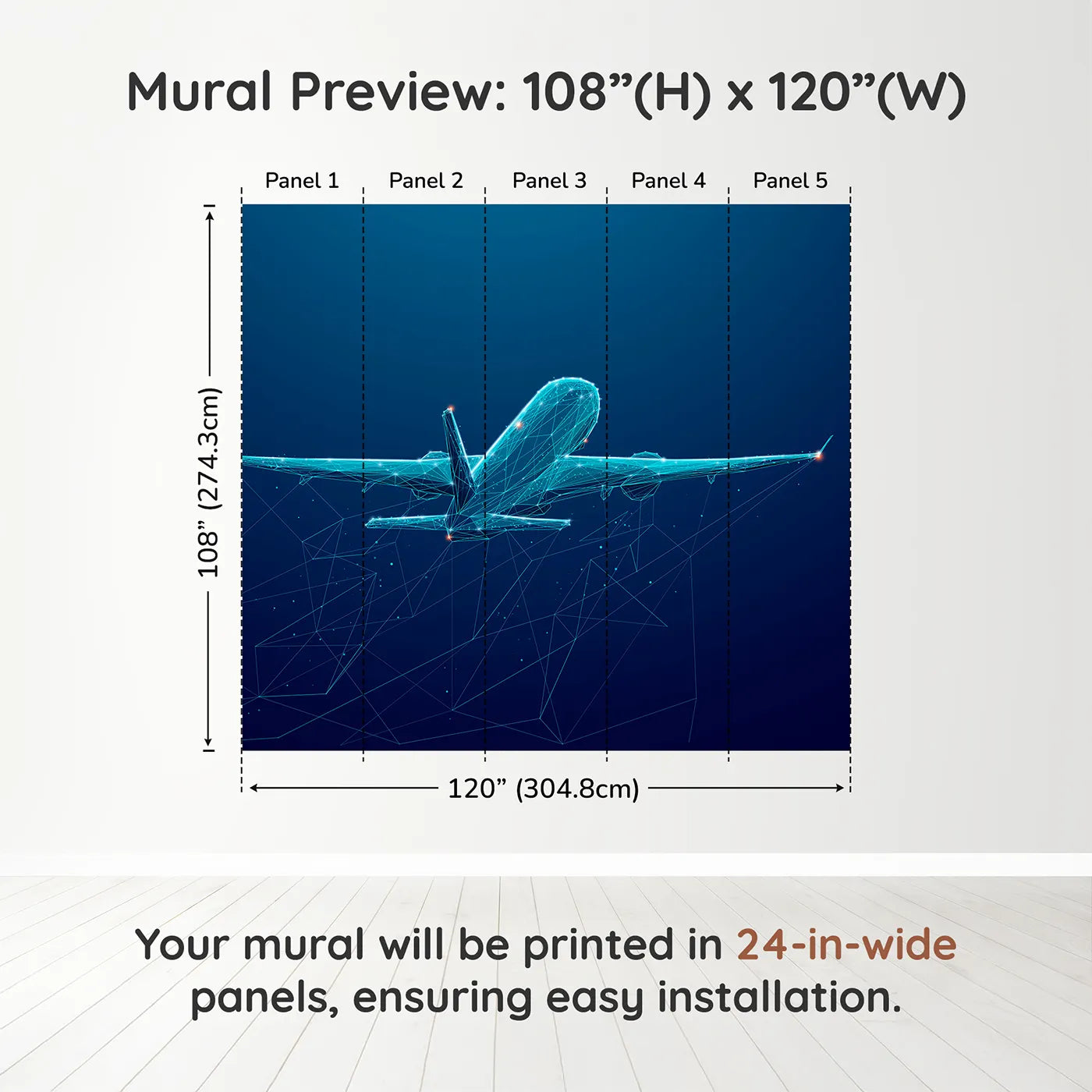 Whimsy Tots Digital Airplane Wall Muraldimension view (108" H x 120" W). Printed in five 24-inch-wide panels. Gender-Neutral