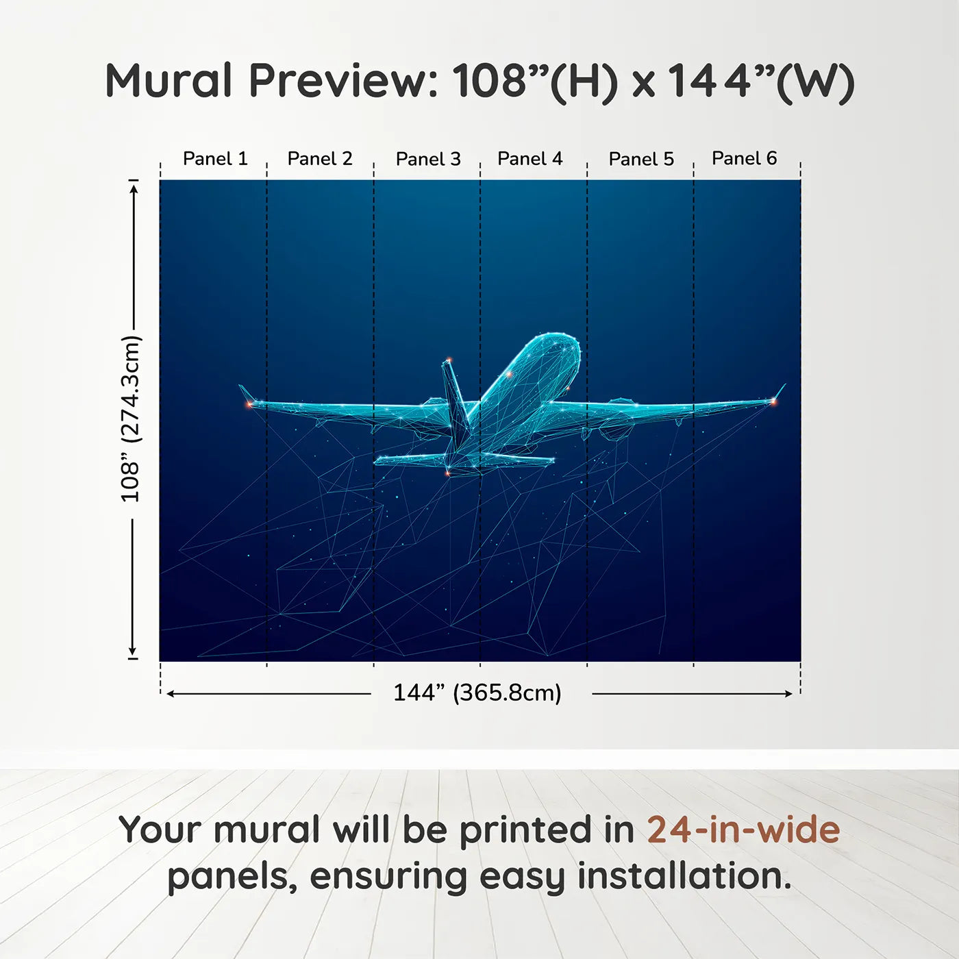 Whimsy Tots Digital Airplane Wall Muraldimension view (108" H x 144" W). Printed in six 24-inch-wide panels. Gender-Neutral