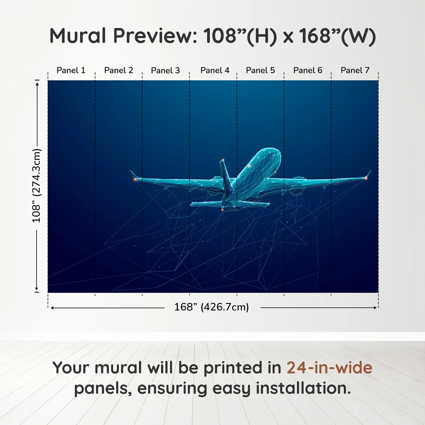 Whimsy Tots Digital Airplane Wall Muraldimension view (108" H x 168" W). Printed in seven 24-inch-wide panels. Gender-Neutral