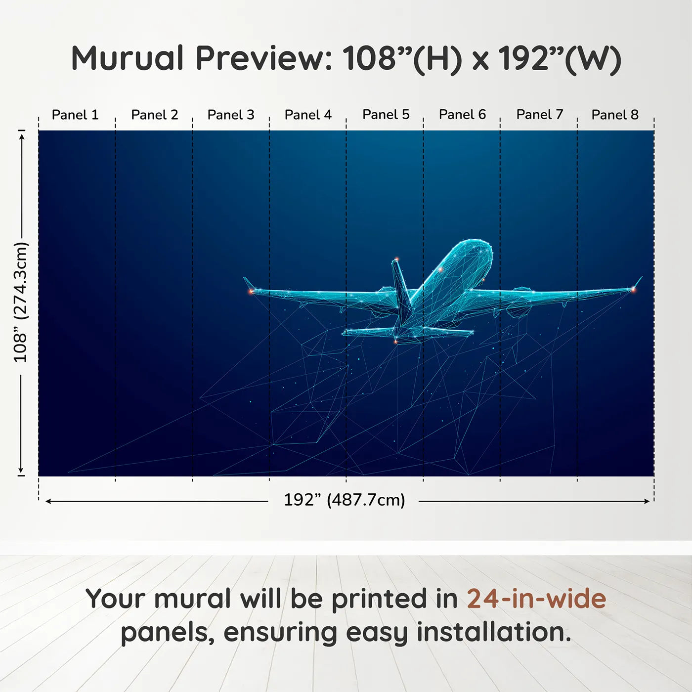Whimsy Tots Digital Airplane Wall Muraldimension view (108" H x 192" W). Printed in eight 24-inch-wide panels. Gender-Neutral