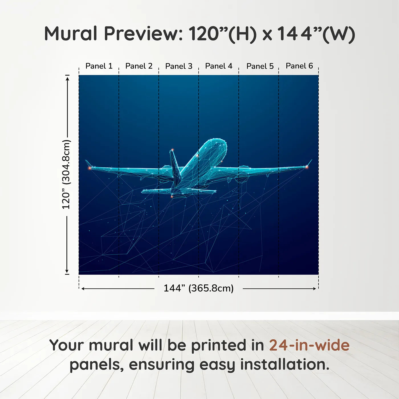 Whimsy Tots Digital Airplane Wall Muraldimension view (120" H x 144" W). Printed in six 24-inch-wide panels. Gender-Neutral