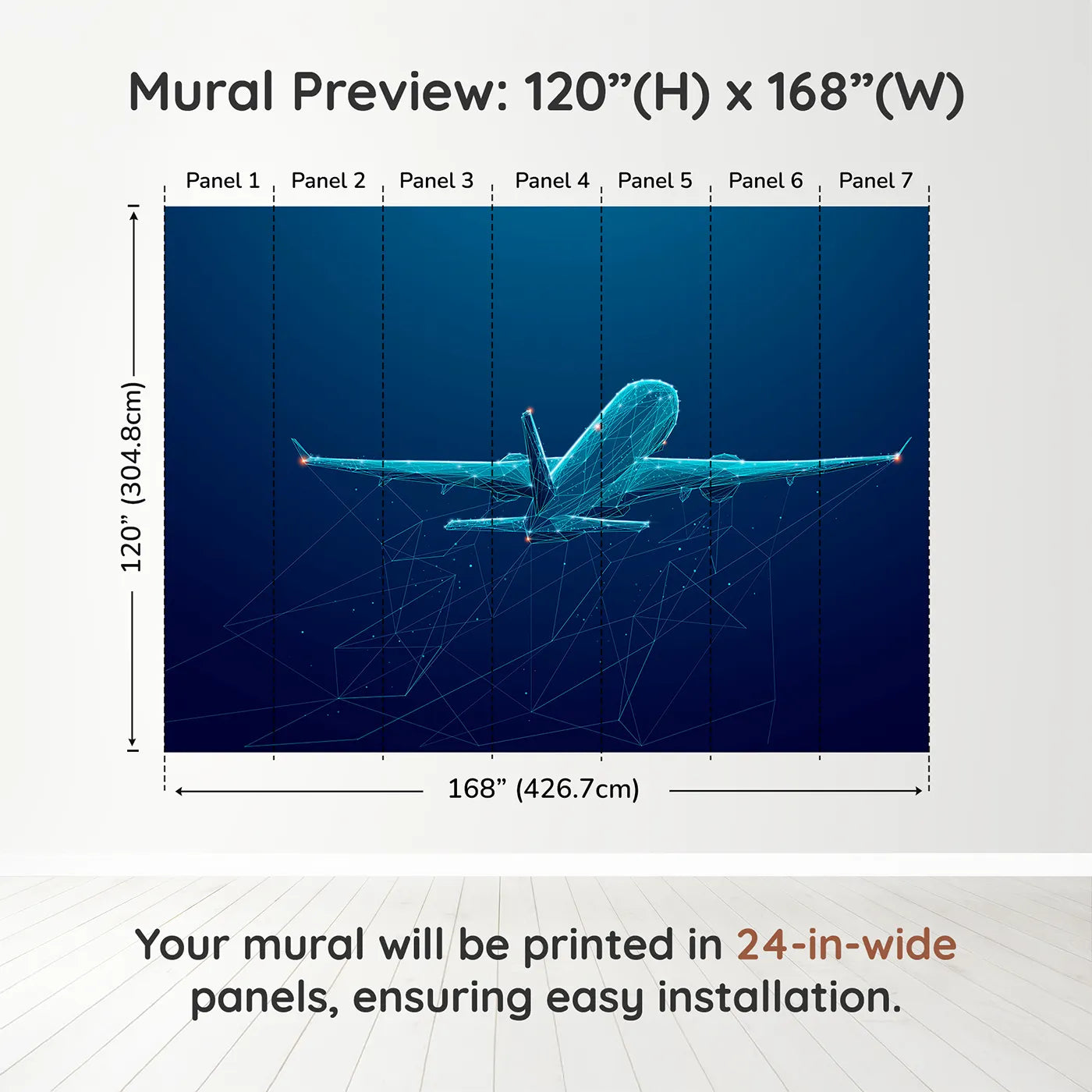 Whimsy Tots Digital Airplane Wall Muraldimension view (120" H x 168" W). Printed in seven 24-inch-wide panels. Gender-Neutral