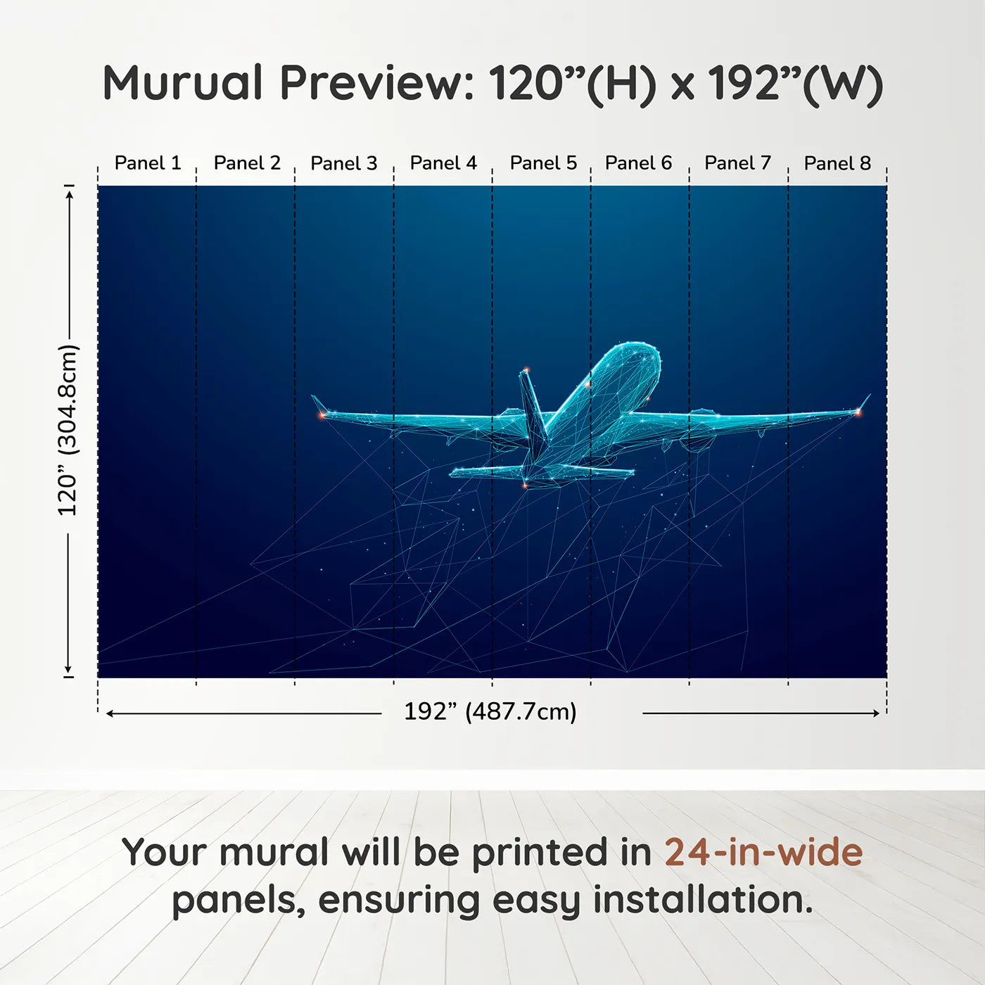 Whimsy Tots Digital Airplane Wall Muraldimension view (120" H x 192" W). Printed in eight 24-inch-wide panels. Gender-Neutral