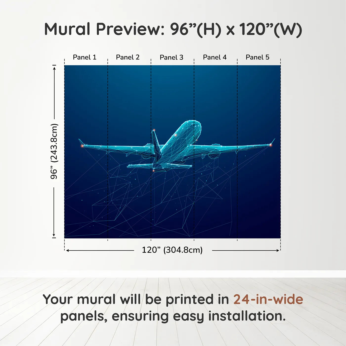 Whimsy Tots Digital Airplane Wall Muraldimension view (96" H x 120" W). Printed in five 24-inch-wide panels. Gender-Neutral