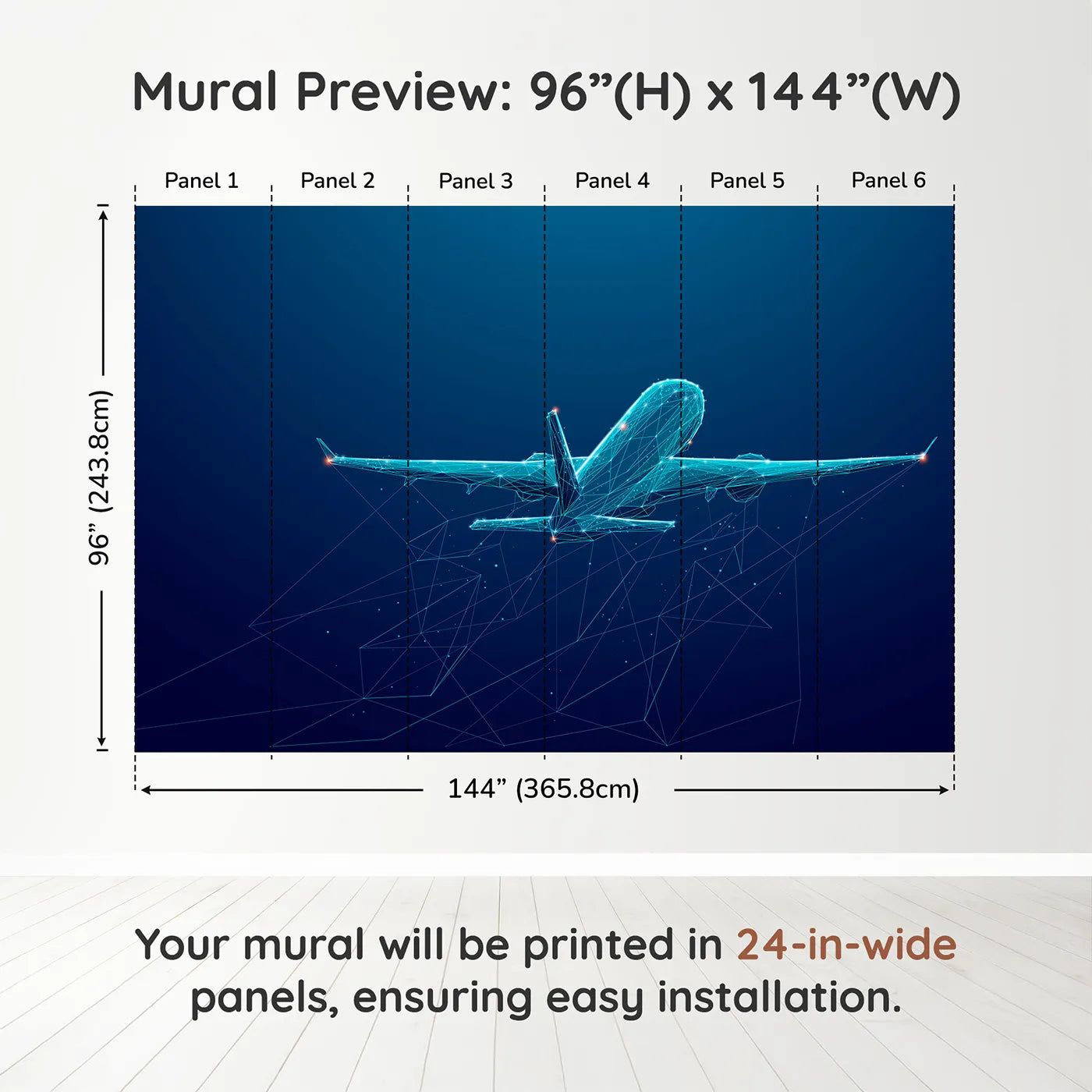 Whimsy Tots Digital Airplane Wall Muraldimension view (96" H x 144" W). Printed in six 24-inch-wide panels. Gender-Neutral