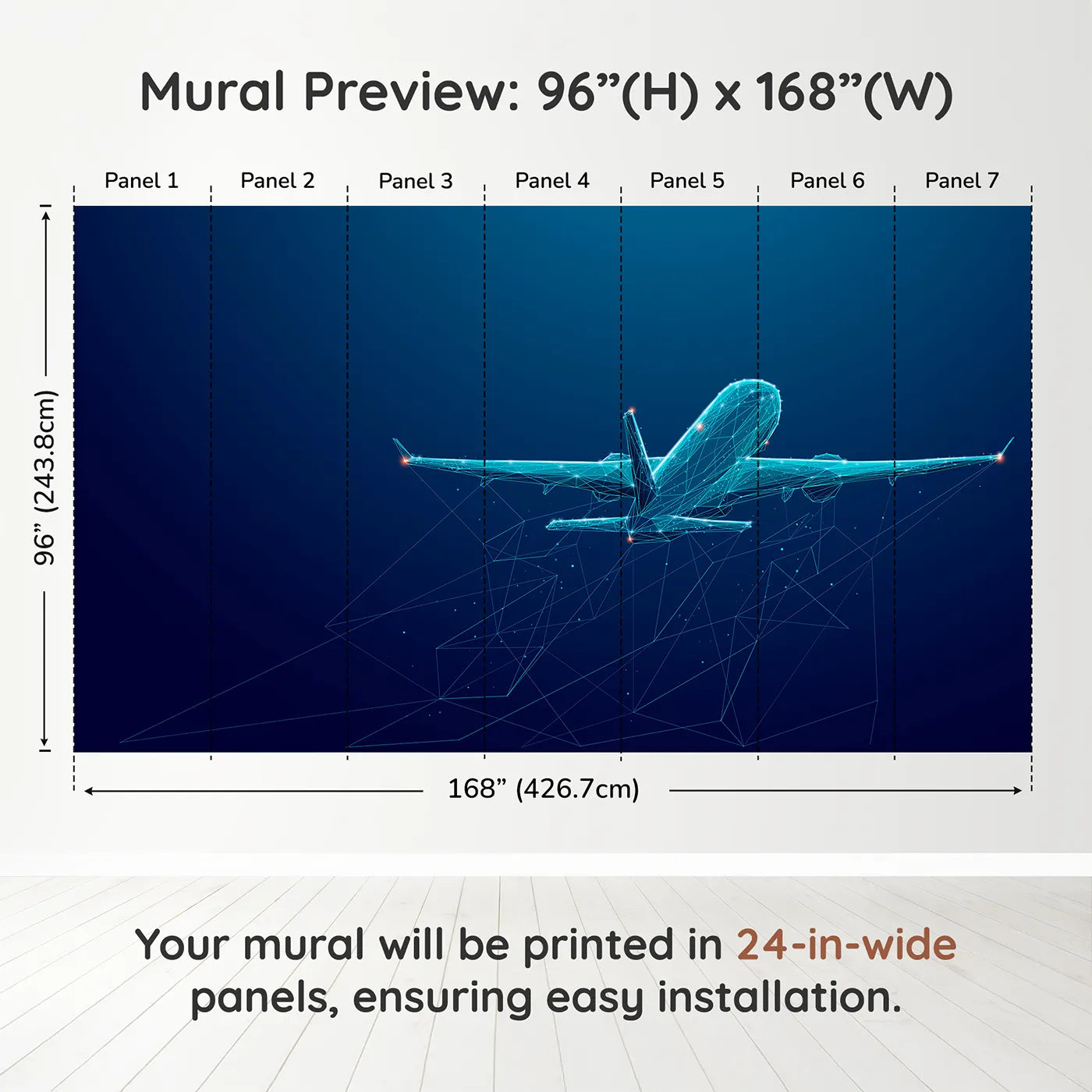 Whimsy Tots Digital Airplane Wall Muraldimension view (96" H x 168" W). Printed in seven 24-inch-wide panels. Gender-Neutral