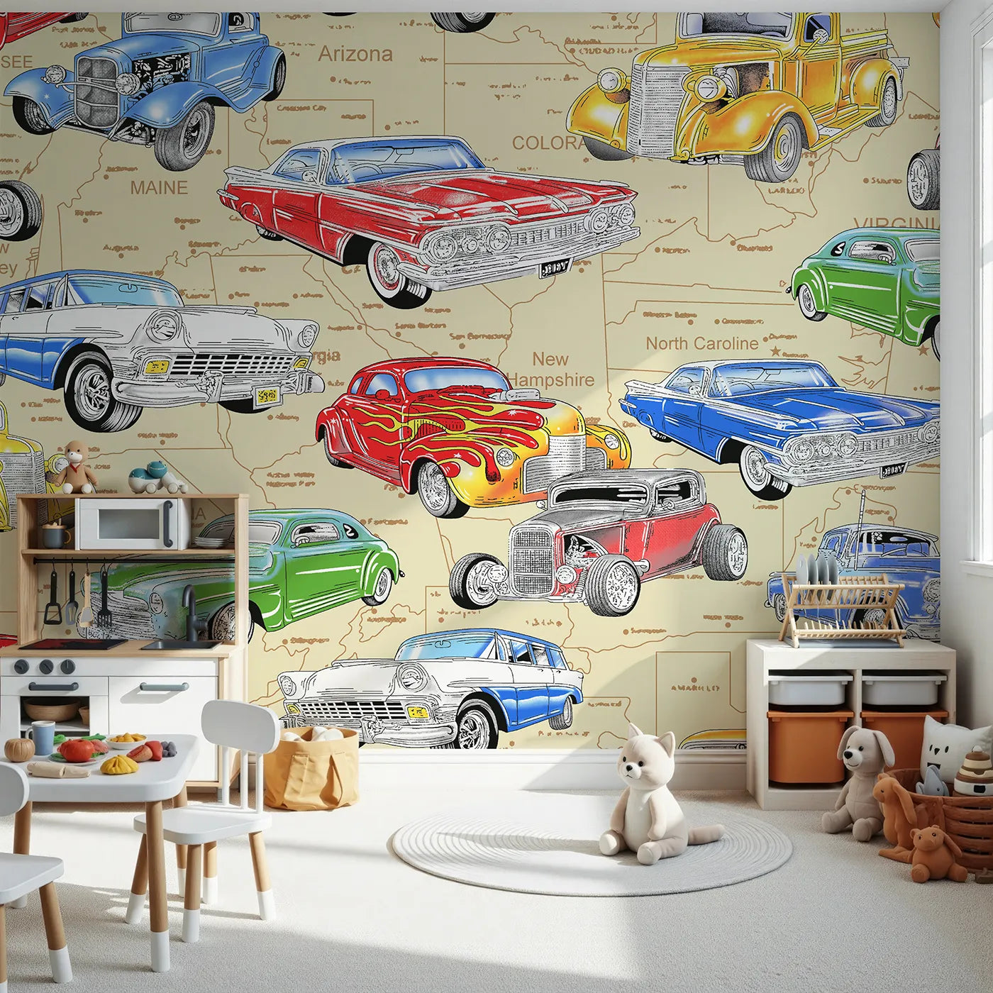 Front view of Whimsy Tots' Classic Car Map Wall Mural
