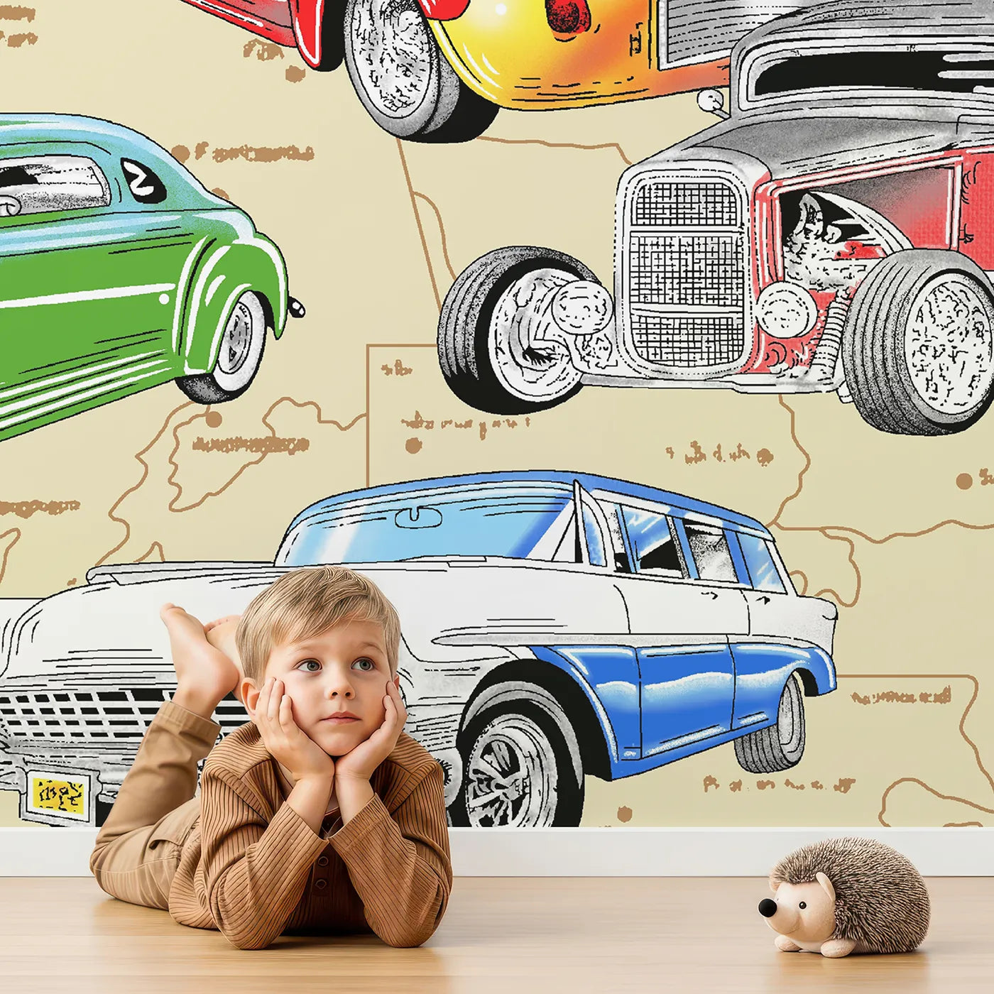 Child in front of Whimsy Tots Classic Car Map Wall Mural with car, vintage, retro, map, usa, classic car, hot rod, colorful in design.