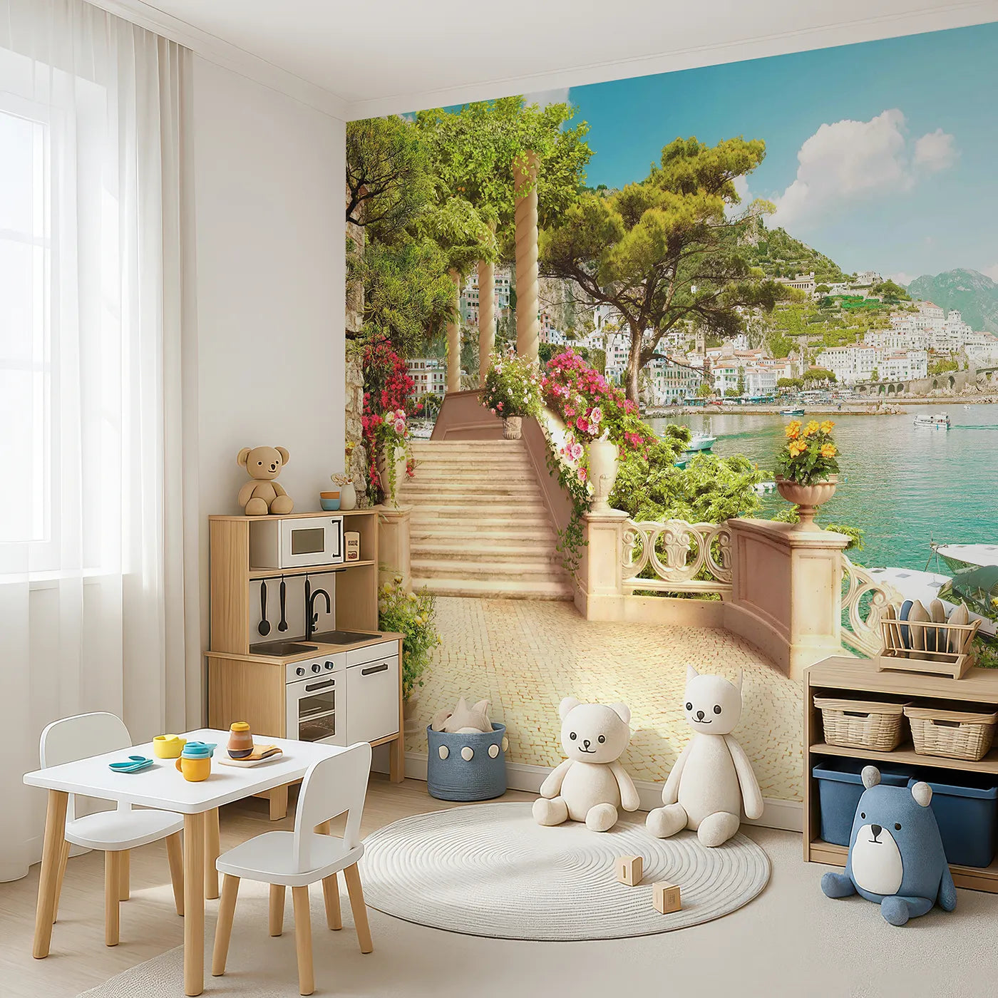 Angled view of Whimsy Tots' Amalfi Coast Terrace Wall Mural (Turn Their Room into a Luxurious, Sunny Escape).Gender-Neutral