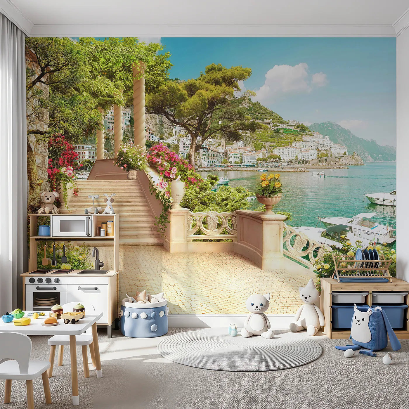 Front view of Whimsy Tots' Amalfi Coast Terrace Wall Mural