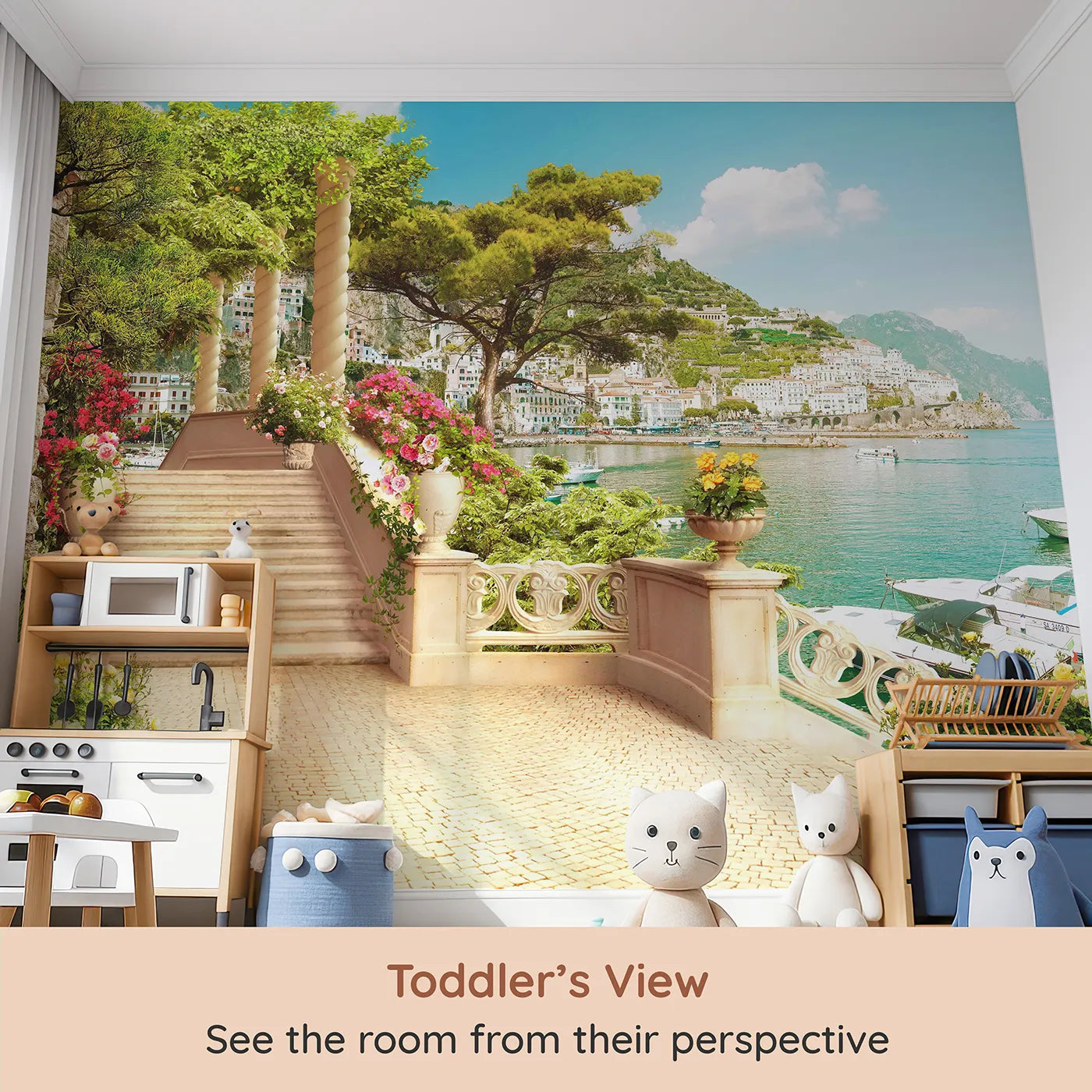 Whimsy Tots Amalfi Coast Terrace Wall Mural (Turn Their Room into a Luxurious, Sunny Escape) from your child's view.Gender-Neutral