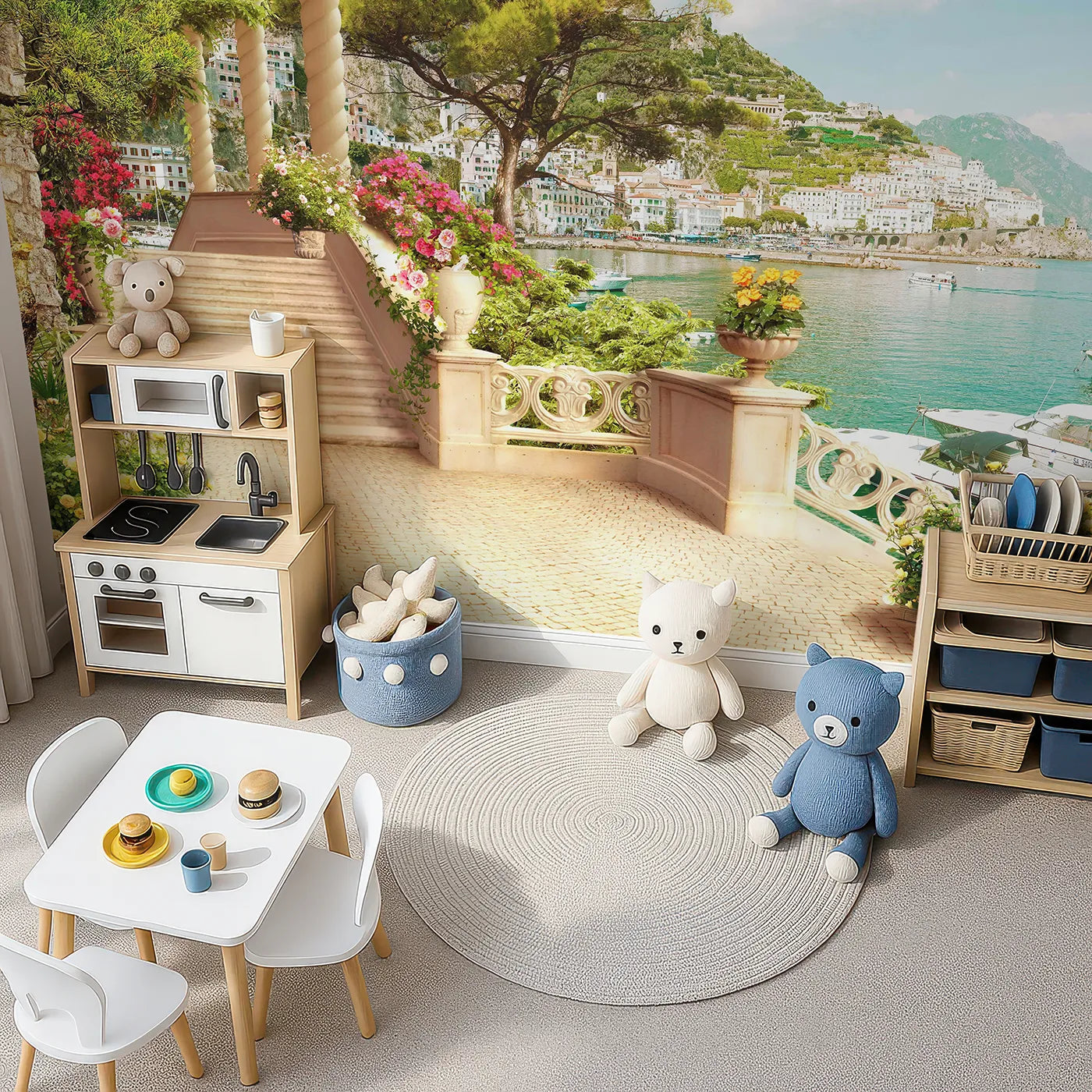 Top-down view of Whimsy Tots' Amalfi Coast Terrace Wall Mural (Turn Their Room into a Luxurious, Sunny Escape).Gender-Neutral