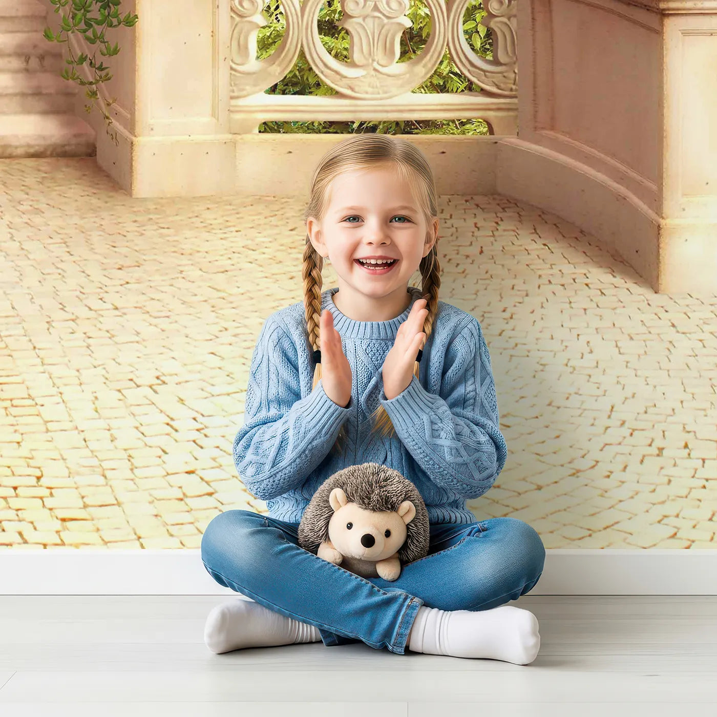 Child in front of Whimsy Tots Amalfi Coast Terrace Wall Mural with amalfi coast, italy, sea, coast, summer, flower, terrace, boat in design.