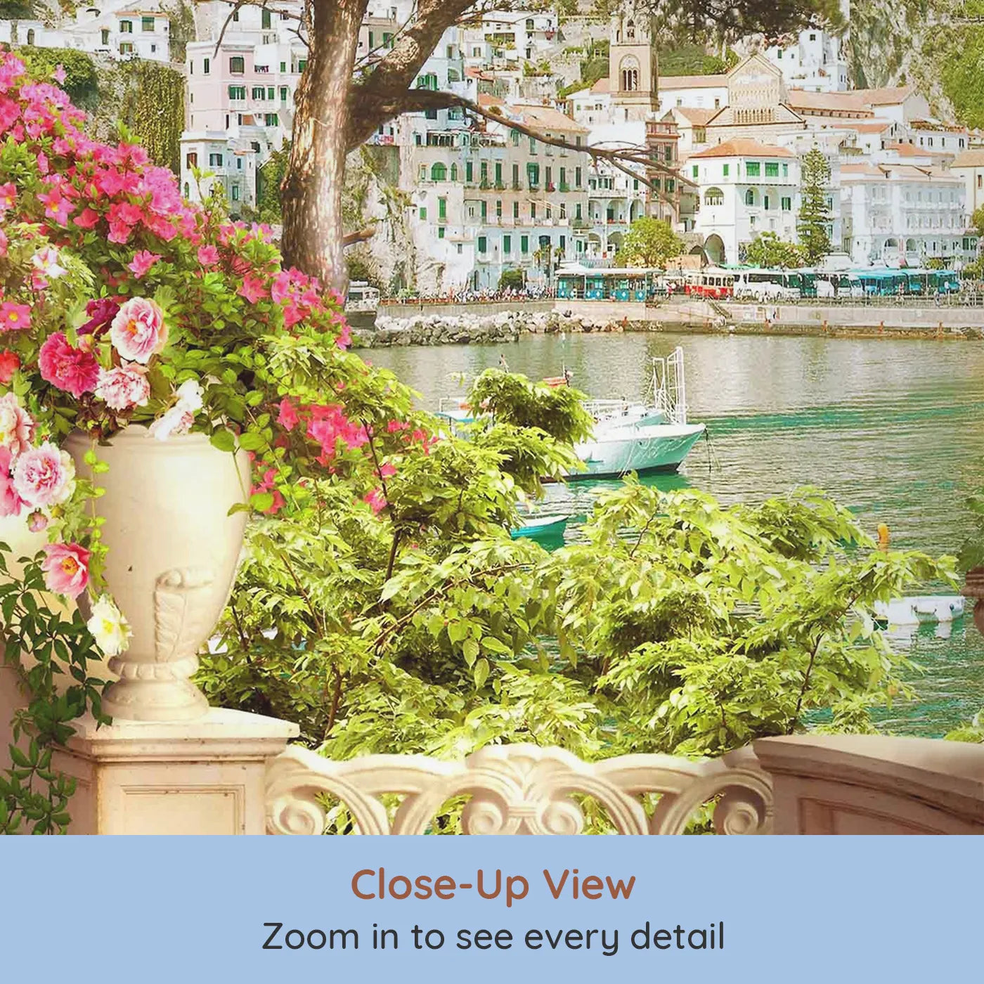 Close-up view of Whimsy Tots' Amalfi Coast Terrace Wall Mural (Turn Their Room into a Luxurious, Sunny Escape).Gender-Neutral