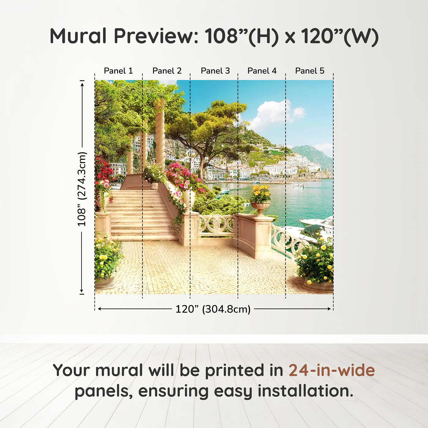 Whimsy Tots Amalfi Coast Terrace Wall Muraldimension view (108" H x 120" W). Printed in five 24-inch-wide panels. Gender-Neutral