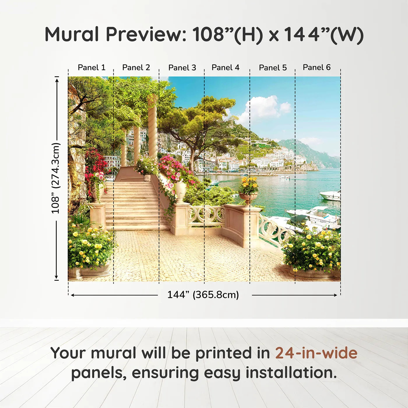 Whimsy Tots Amalfi Coast Terrace Wall Muraldimension view (108" H x 144" W). Printed in six 24-inch-wide panels. Gender-Neutral