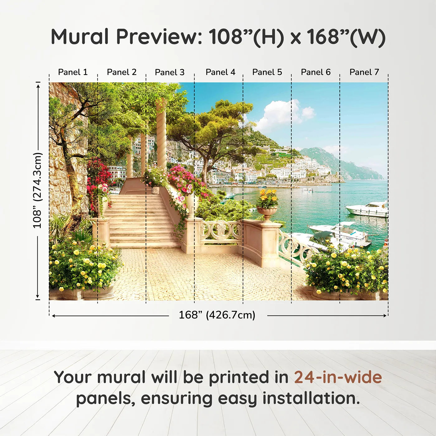 Whimsy Tots Amalfi Coast Terrace Wall Muraldimension view (108" H x 168" W). Printed in seven 24-inch-wide panels. Gender-Neutral