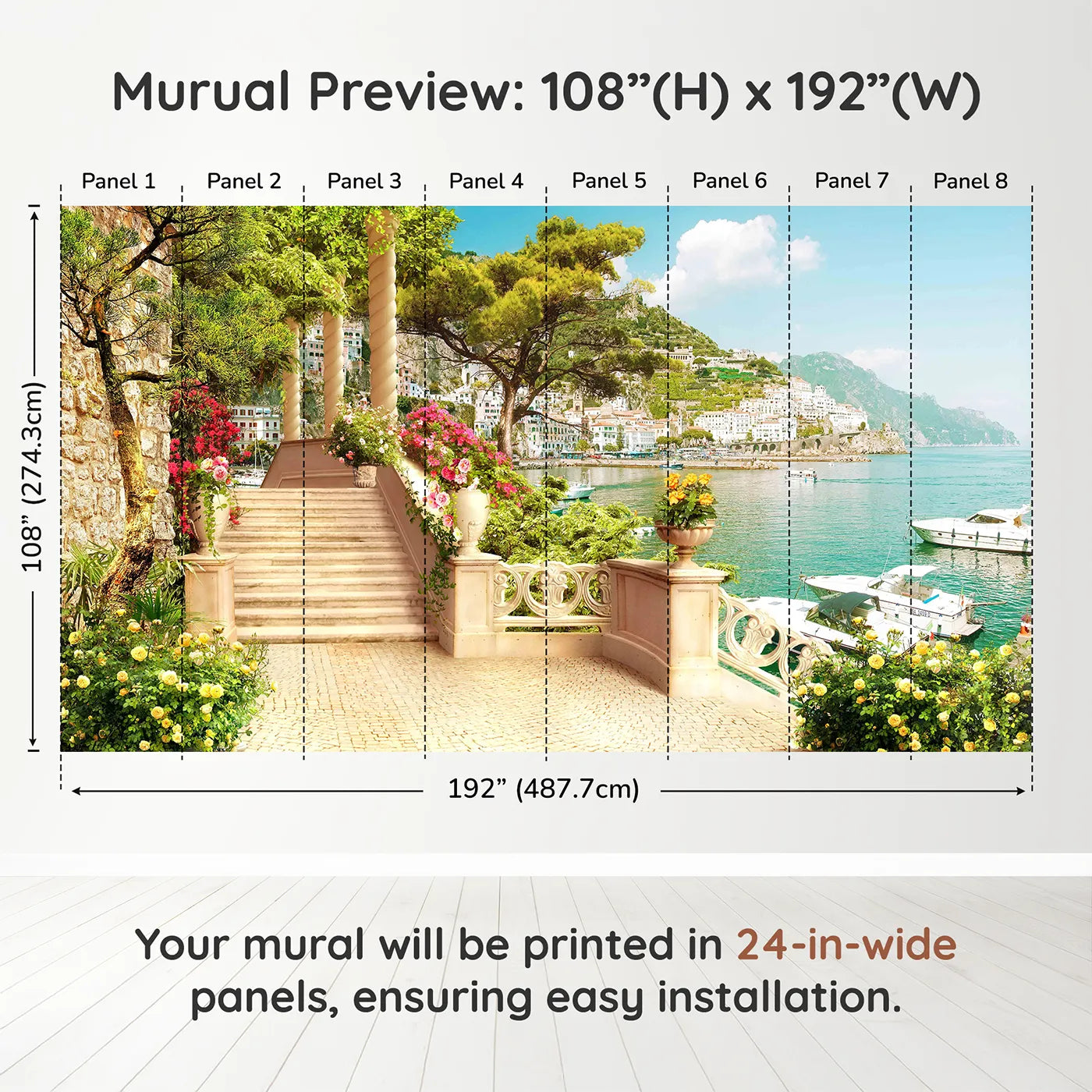 Whimsy Tots Amalfi Coast Terrace Wall Muraldimension view (108" H x 192" W). Printed in eight 24-inch-wide panels. Gender-Neutral