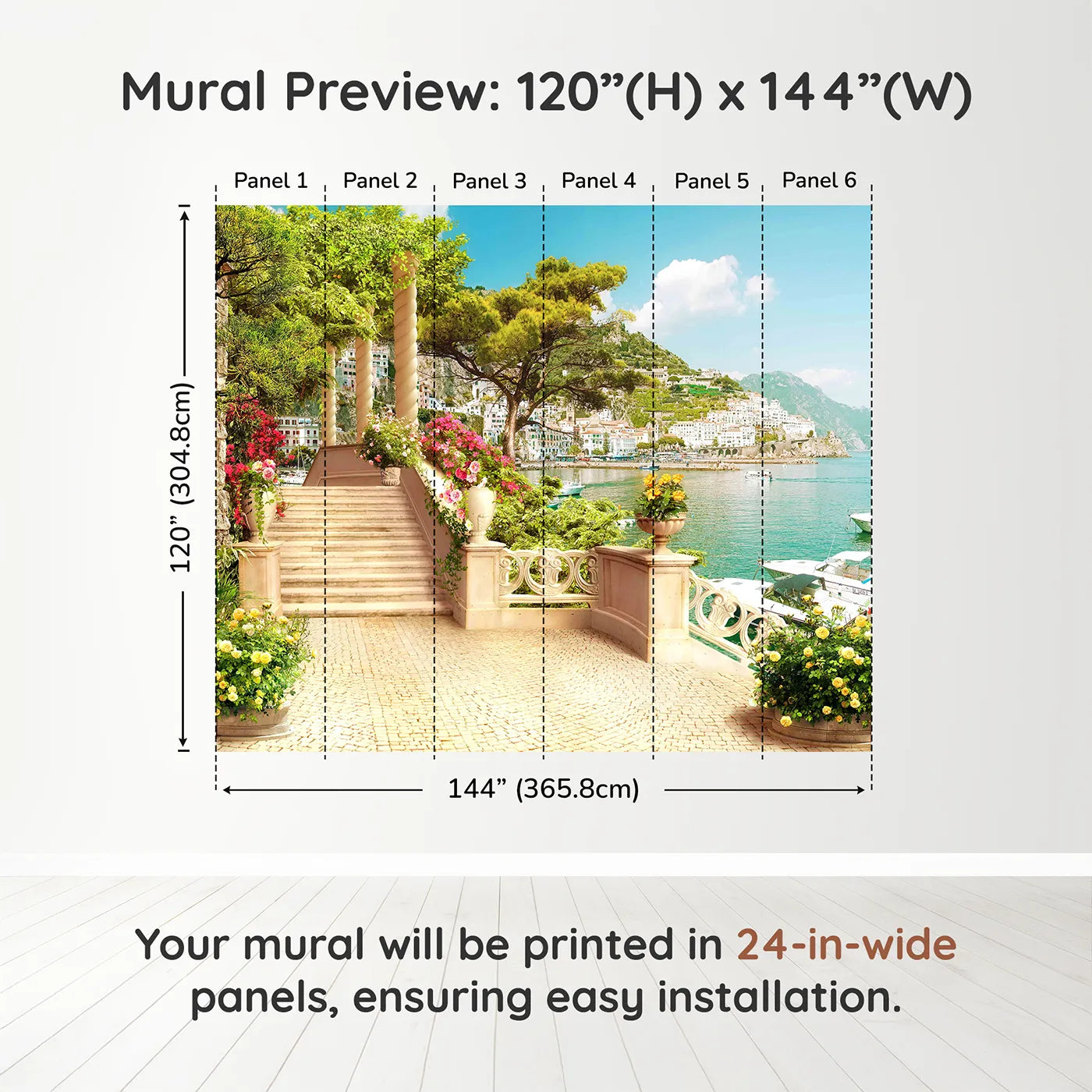 Whimsy Tots Amalfi Coast Terrace Wall Muraldimension view (120" H x 144" W). Printed in six 24-inch-wide panels. Gender-Neutral