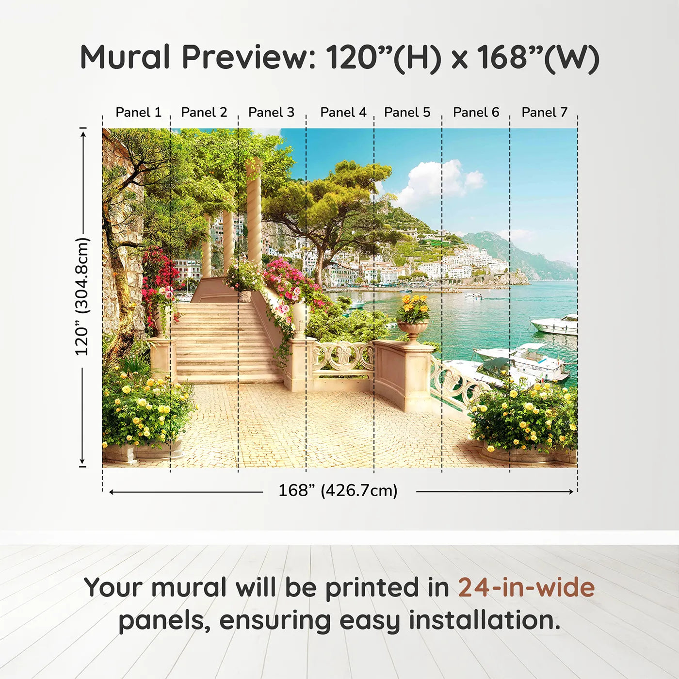 Whimsy Tots Amalfi Coast Terrace Wall Muraldimension view (120" H x 168" W). Printed in seven 24-inch-wide panels. Gender-Neutral