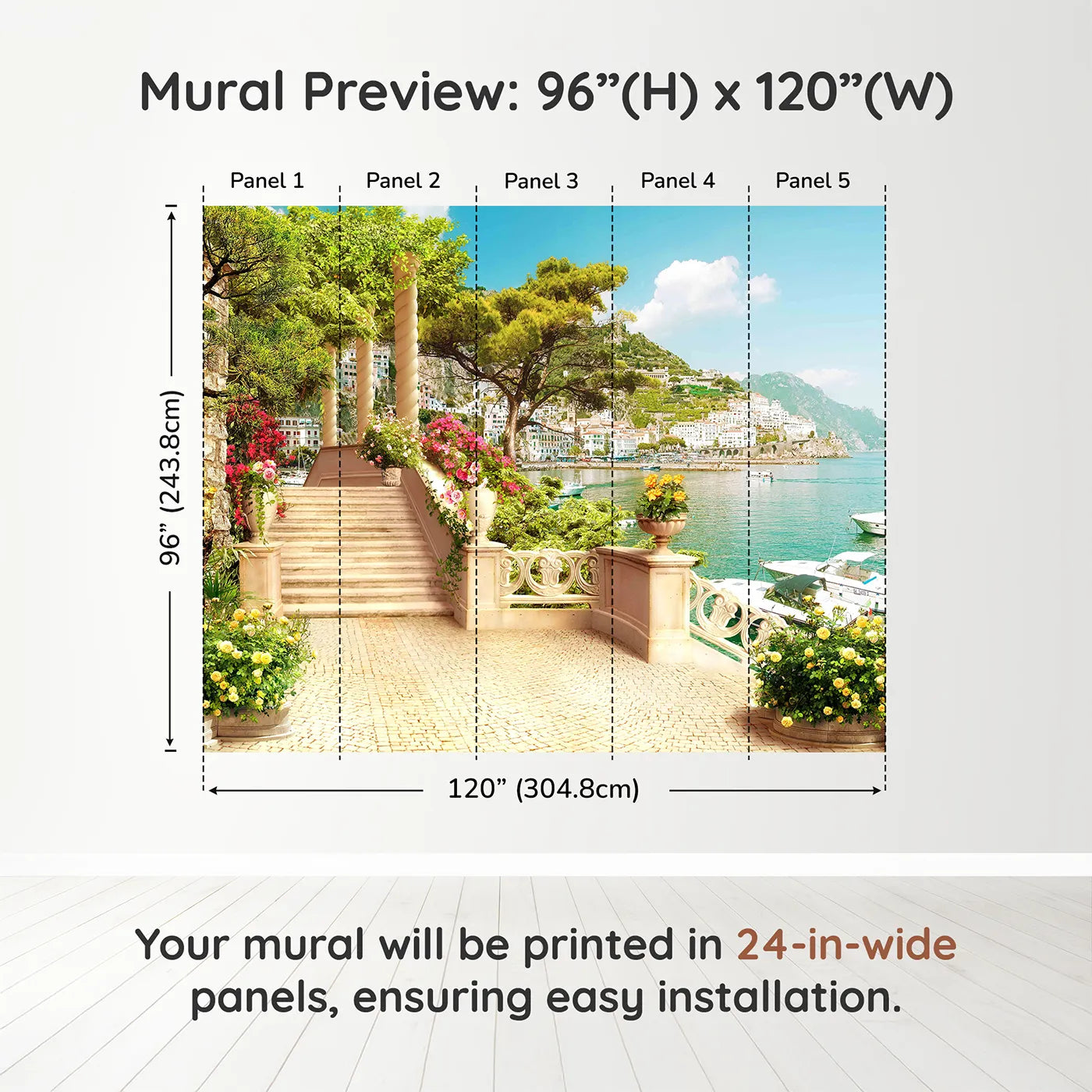 Whimsy Tots Amalfi Coast Terrace Wall Muraldimension view (96" H x 120" W). Printed in five 24-inch-wide panels. Gender-Neutral