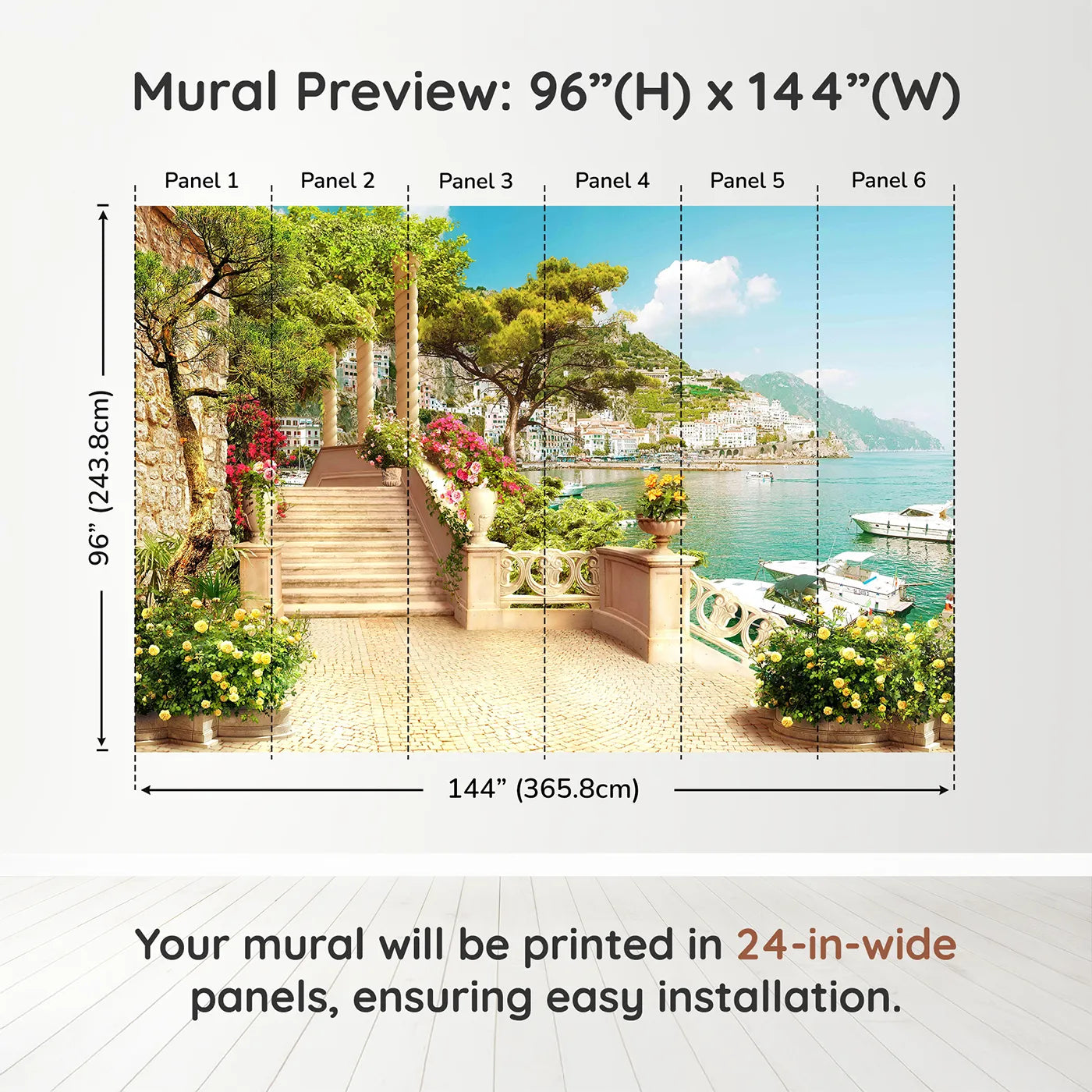 Whimsy Tots Amalfi Coast Terrace Wall Muraldimension view (96" H x 144" W). Printed in six 24-inch-wide panels. Gender-Neutral