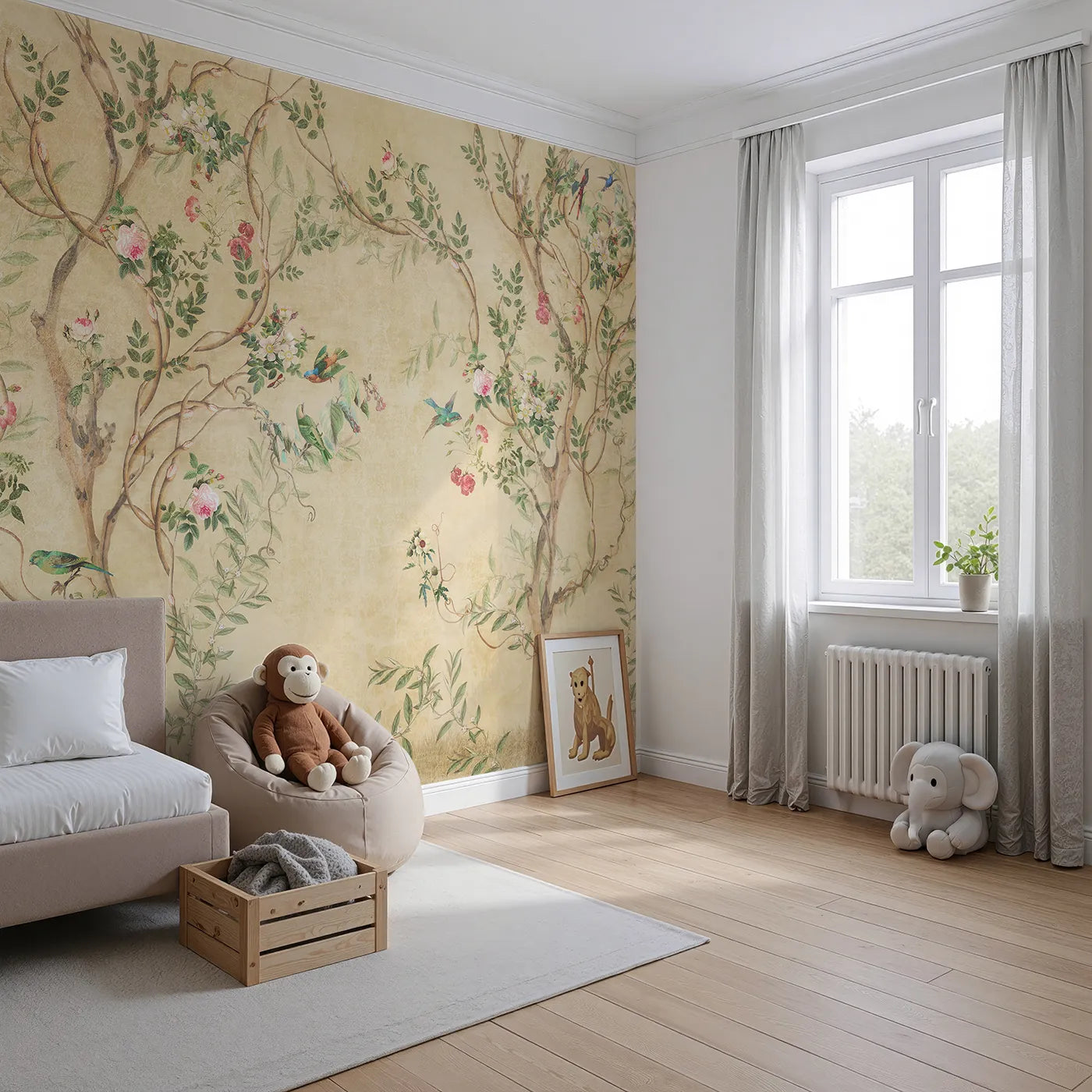 Angled view of Whimsy Tots' Golden Chinoiserie Garden Wall Mural (Turn Their Room into an Elegant, Sun-Drenched Paradise).Gender-Neutral