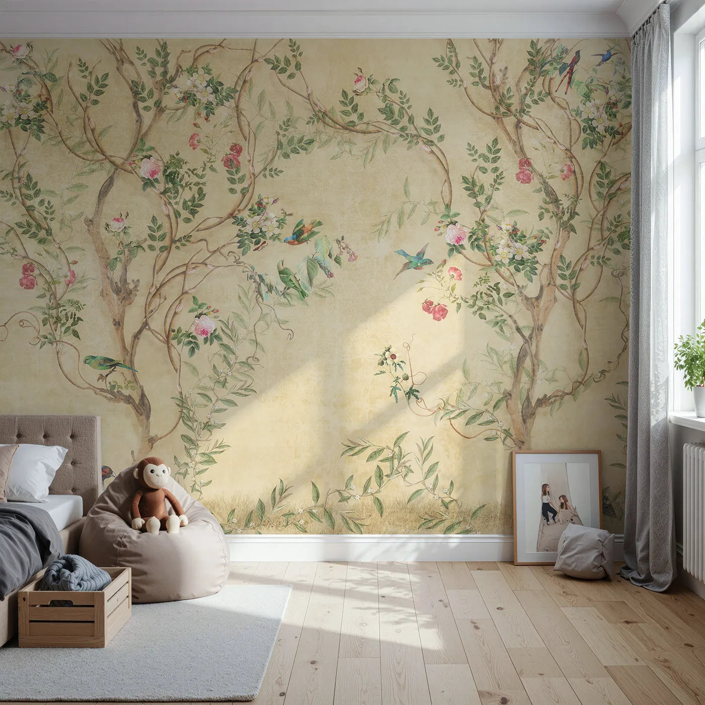 Front view of Whimsy Tots' Golden Chinoiserie Garden Wall Mural
