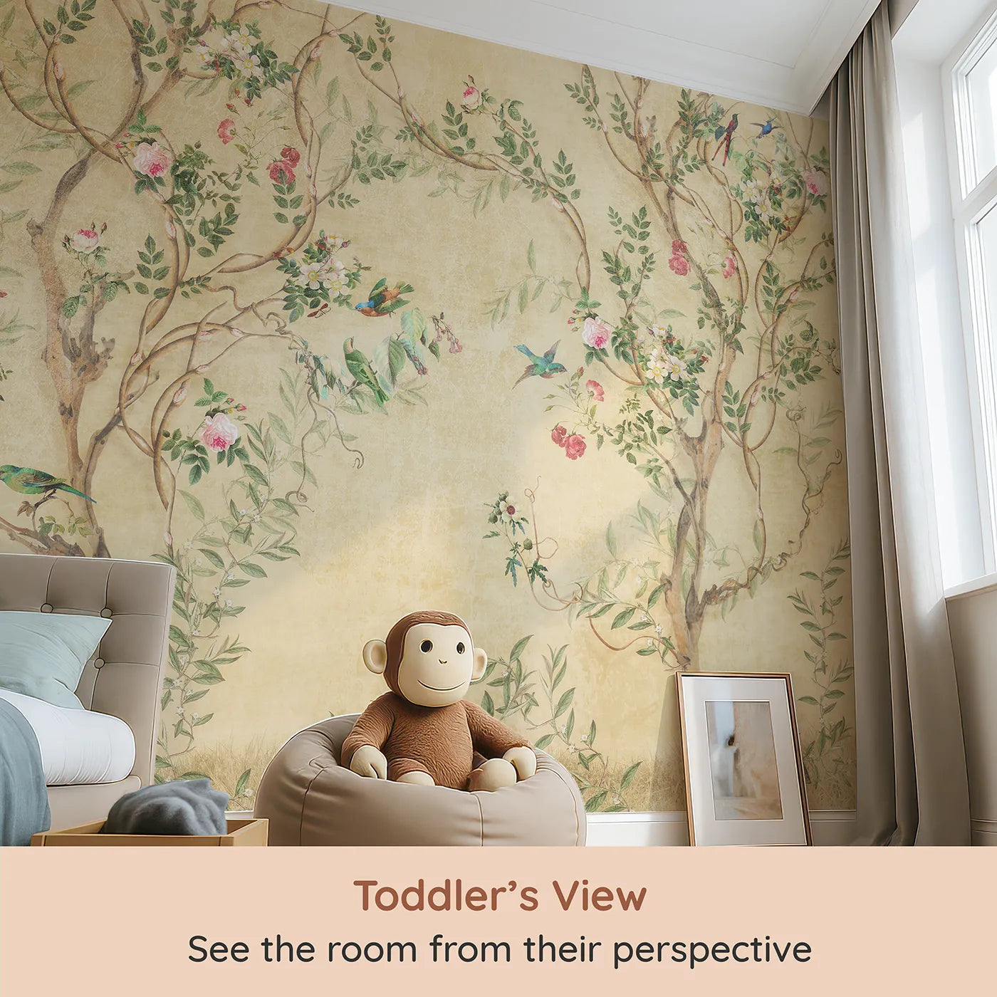 Whimsy Tots Golden Chinoiserie Garden Wall Mural (Turn Their Room into an Elegant, Sun-Drenched Paradise) from your child's view.Gender-Neutral