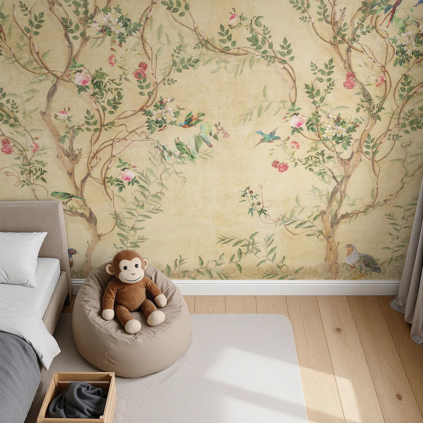 Top-down view of Whimsy Tots' Golden Chinoiserie Garden Wall Mural (Turn Their Room into an Elegant, Sun-Drenched Paradise).Gender-Neutral