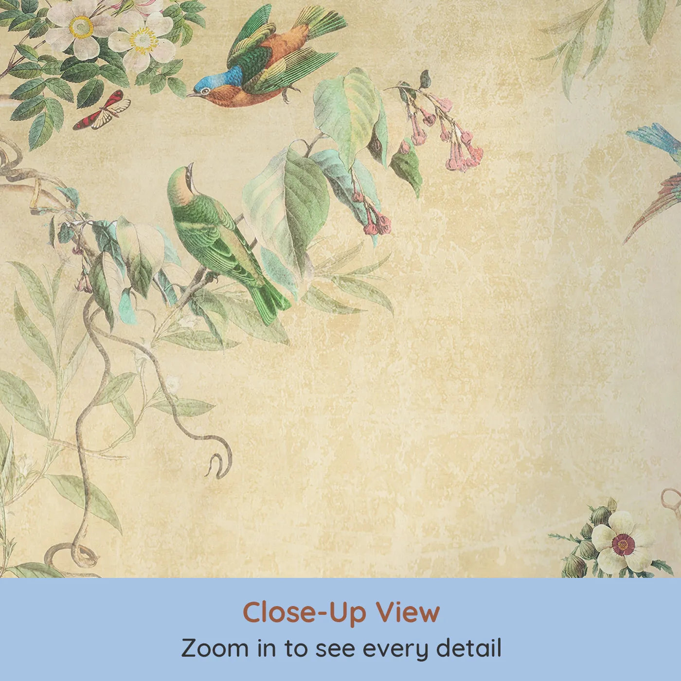 Close-up view of Whimsy Tots' Golden Chinoiserie Garden Wall Mural (Turn Their Room into an Elegant, Sun-Drenched Paradise).Gender-Neutral