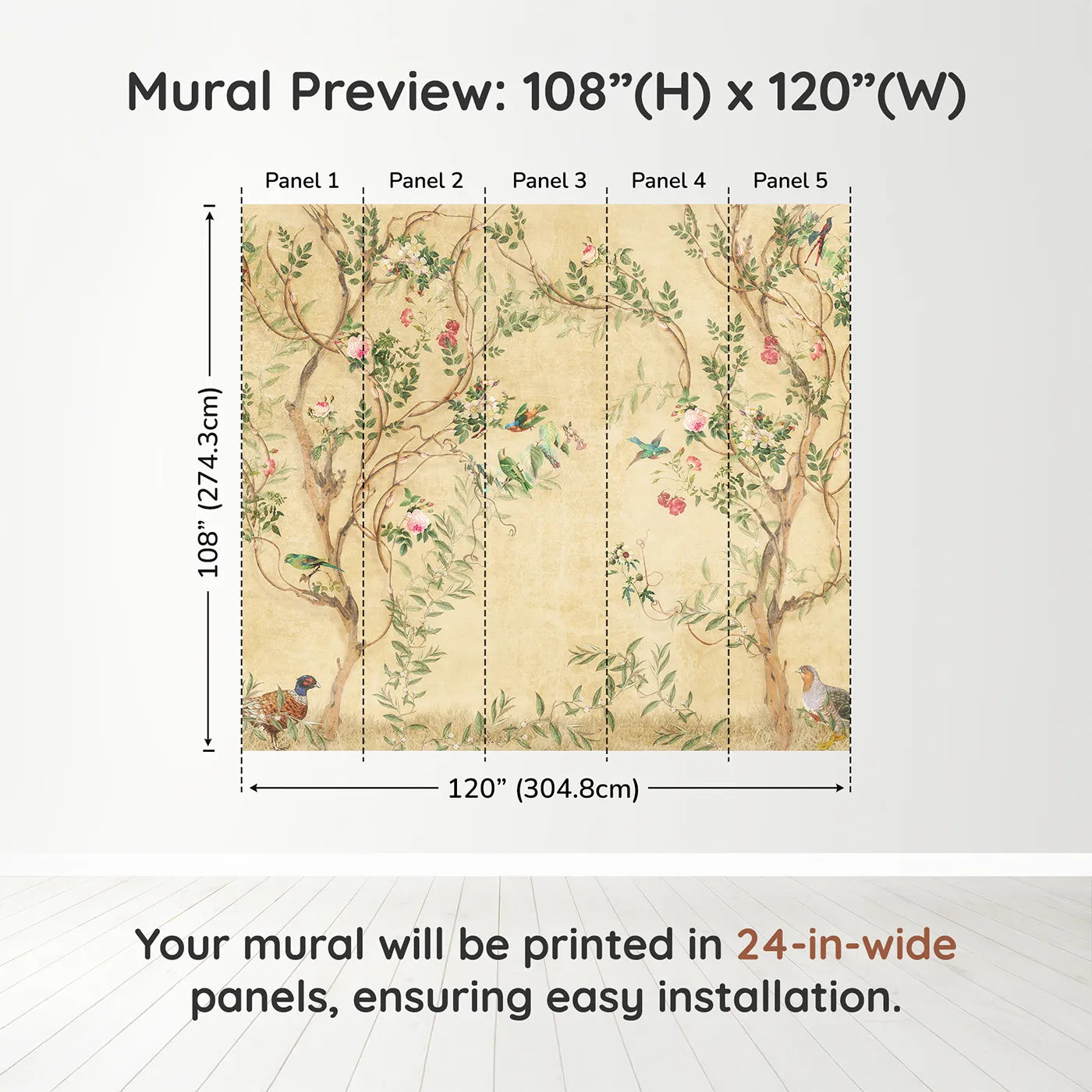 Whimsy Tots Golden Chinoiserie Garden Wall Muraldimension view (108" H x 120" W). Printed in five 24-inch-wide panels. Gender-Neutral
