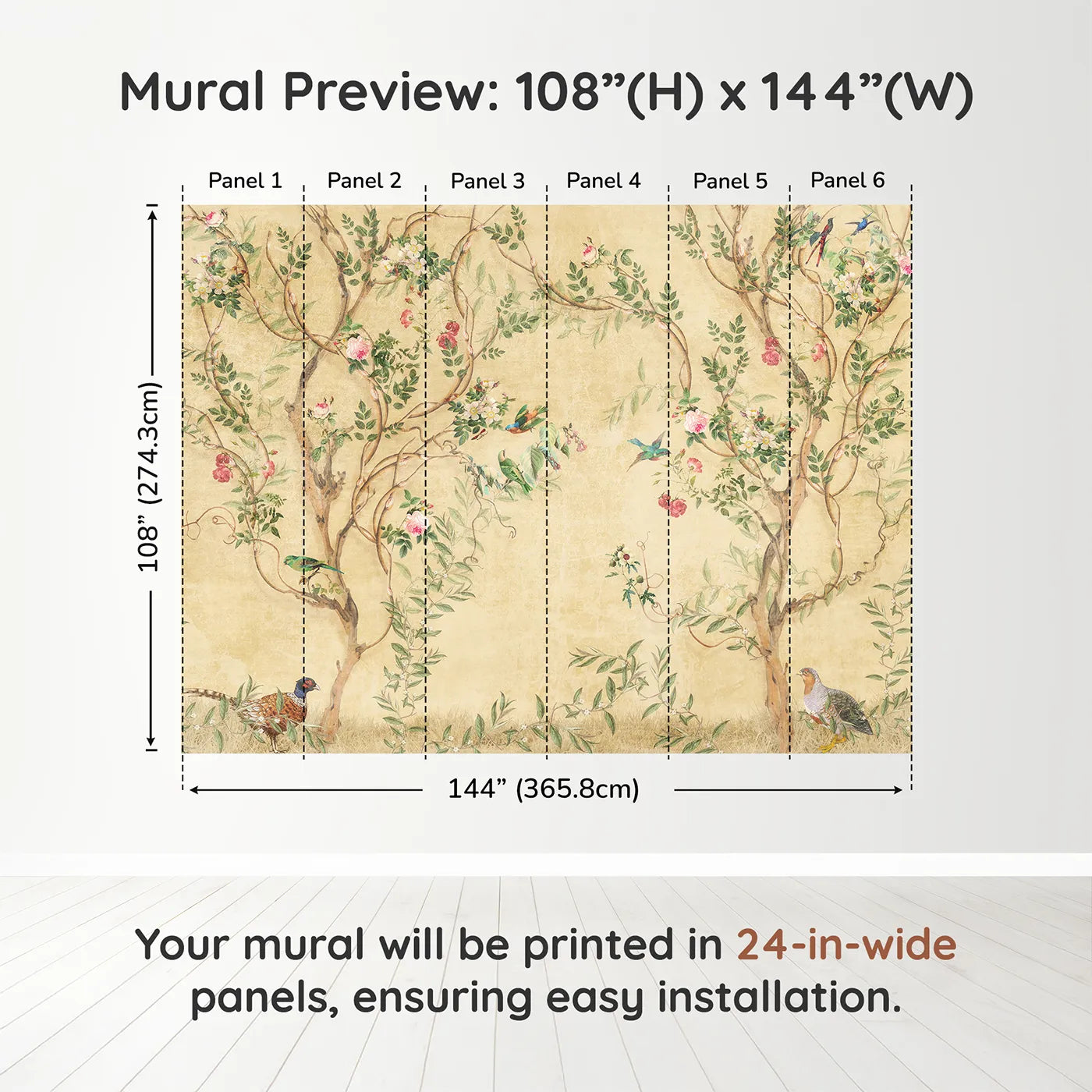 Whimsy Tots Golden Chinoiserie Garden Wall Muraldimension view (108" H x 144" W). Printed in six 24-inch-wide panels. Gender-Neutral