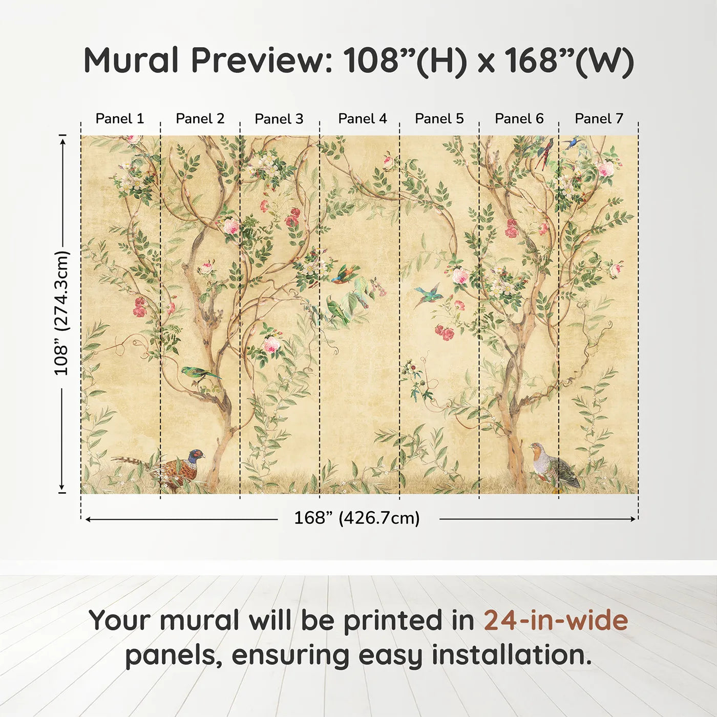 Whimsy Tots Golden Chinoiserie Garden Wall Muraldimension view (108" H x 168" W). Printed in seven 24-inch-wide panels. Gender-Neutral