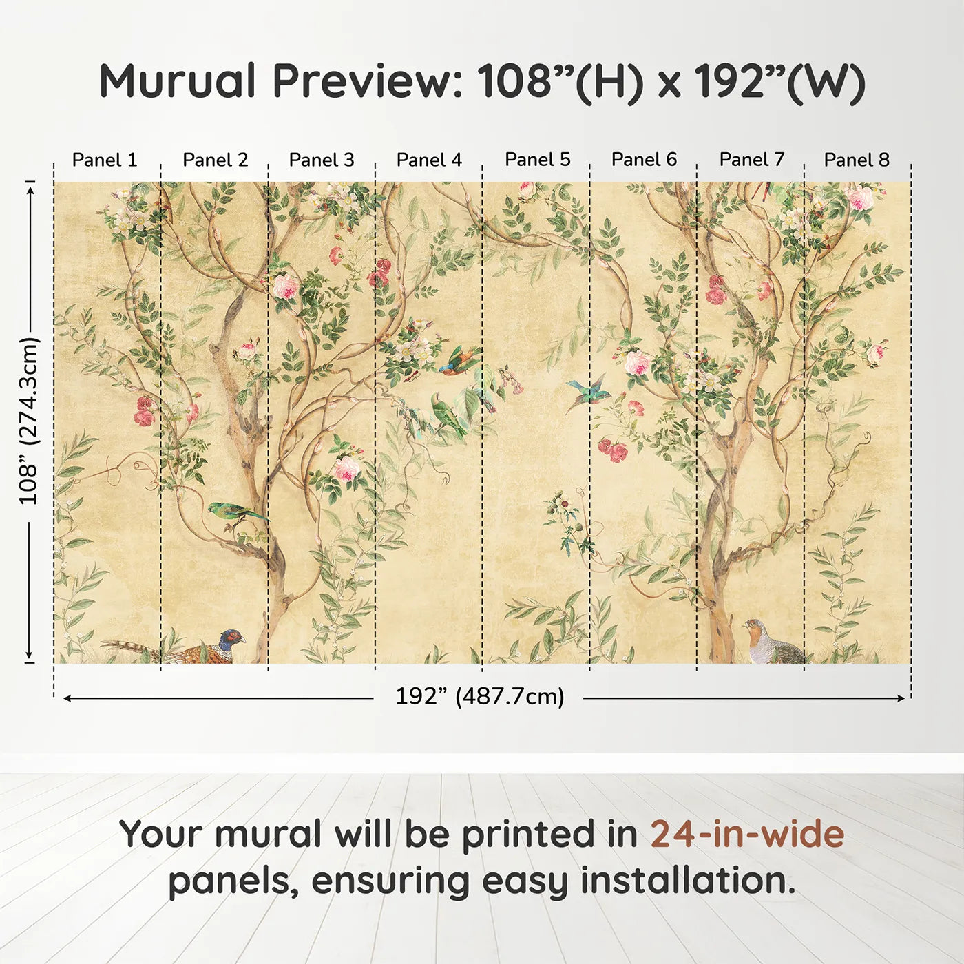 Whimsy Tots Golden Chinoiserie Garden Wall Muraldimension view (108" H x 192" W). Printed in eight 24-inch-wide panels. Gender-Neutral