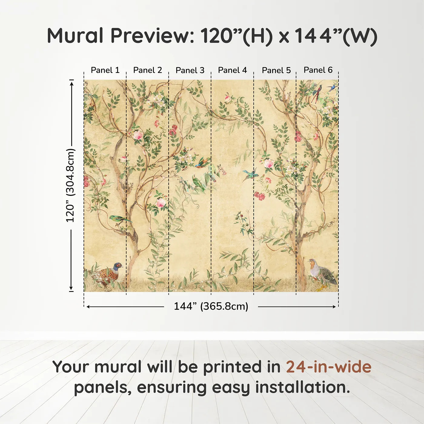 Whimsy Tots Golden Chinoiserie Garden Wall Muraldimension view (120" H x 144" W). Printed in six 24-inch-wide panels. Gender-Neutral