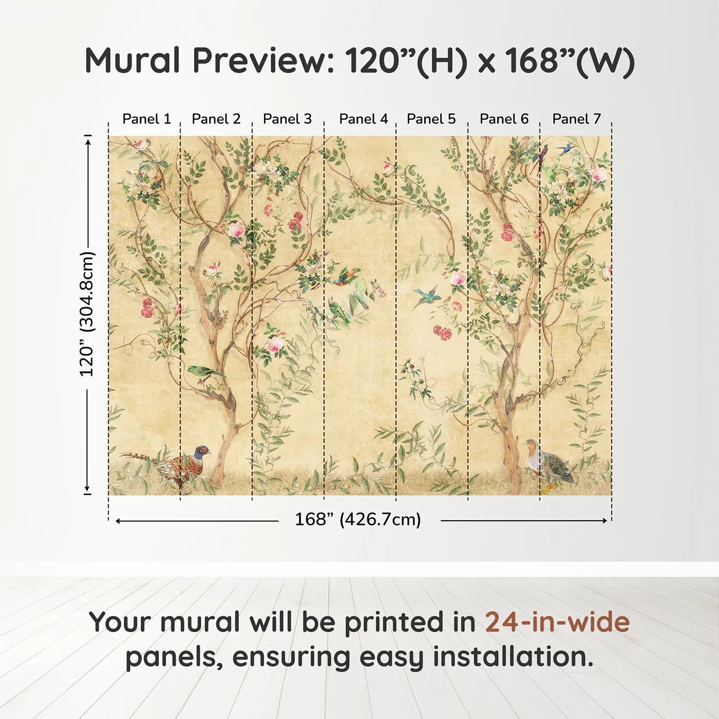 Whimsy Tots Golden Chinoiserie Garden Wall Muraldimension view (120" H x 168" W). Printed in seven 24-inch-wide panels. Gender-Neutral